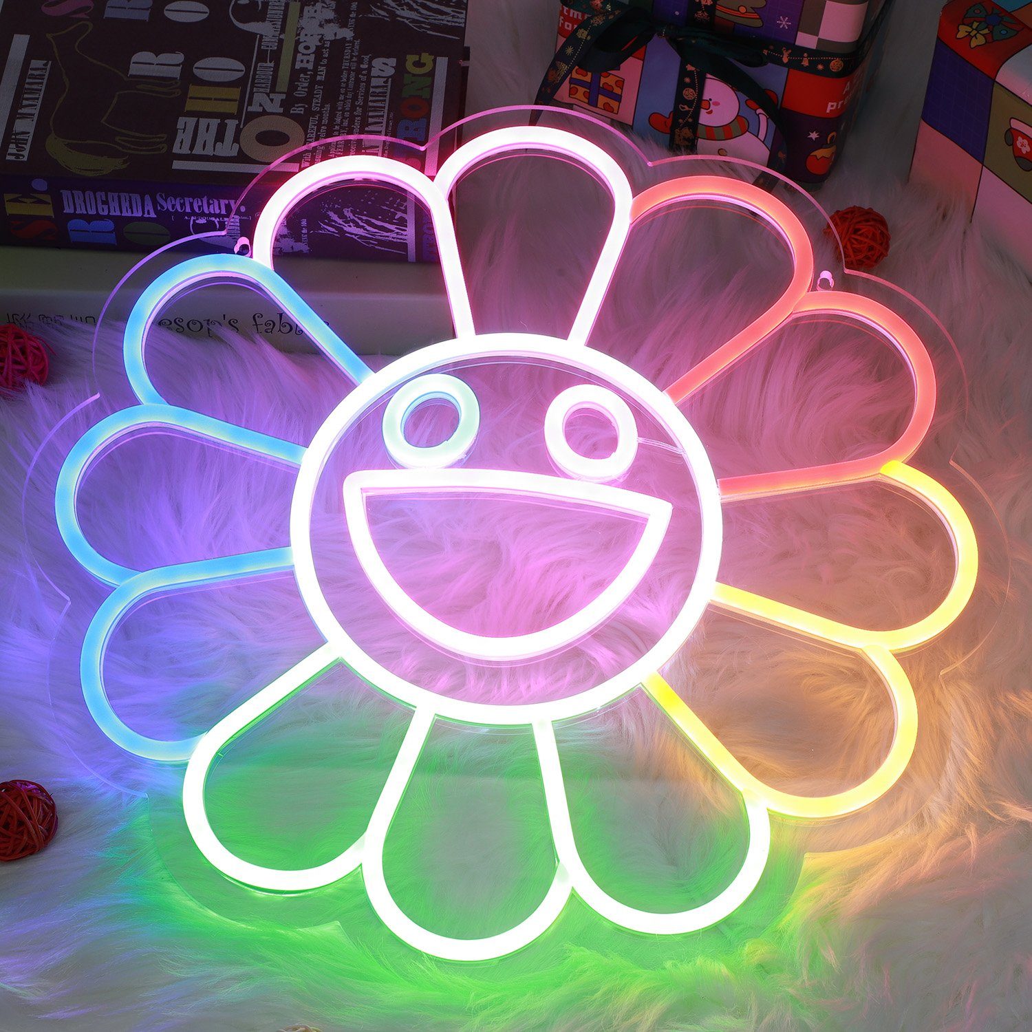 MUPOO LED Nachtlicht Neon Leuchtfiguren Halloween Acryl,Wandleuchte,Gaming Halloween Dekolicht, LED Blume 2M Batterie Kabel-USB Schild Dekor,Nachtlicht Lächelnde Room Dekorationen