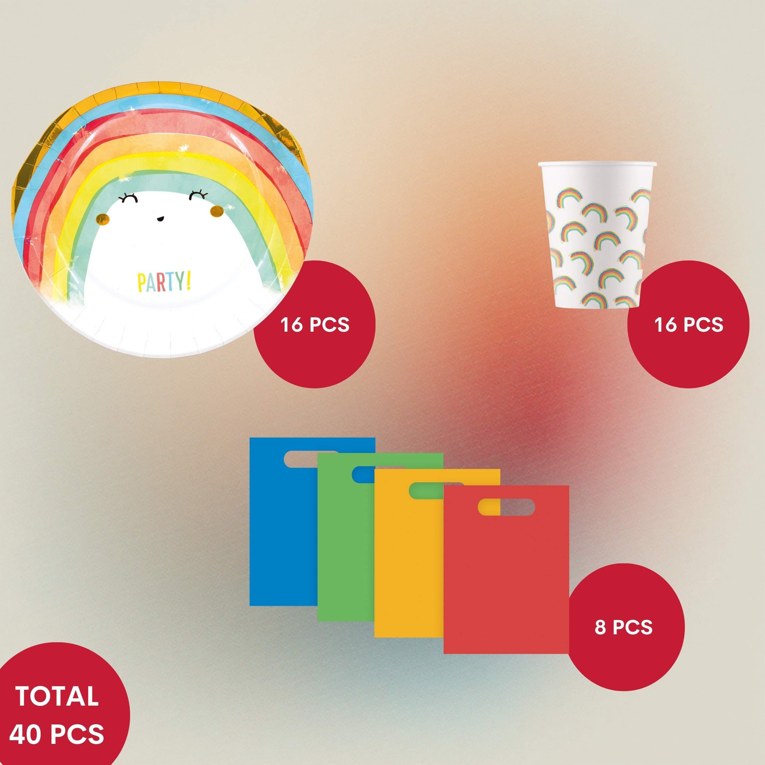 Procos Einweggeschirr-Set 40-tlg. Regenbogen Party Set für Kindergeburtstag, 16 Personen