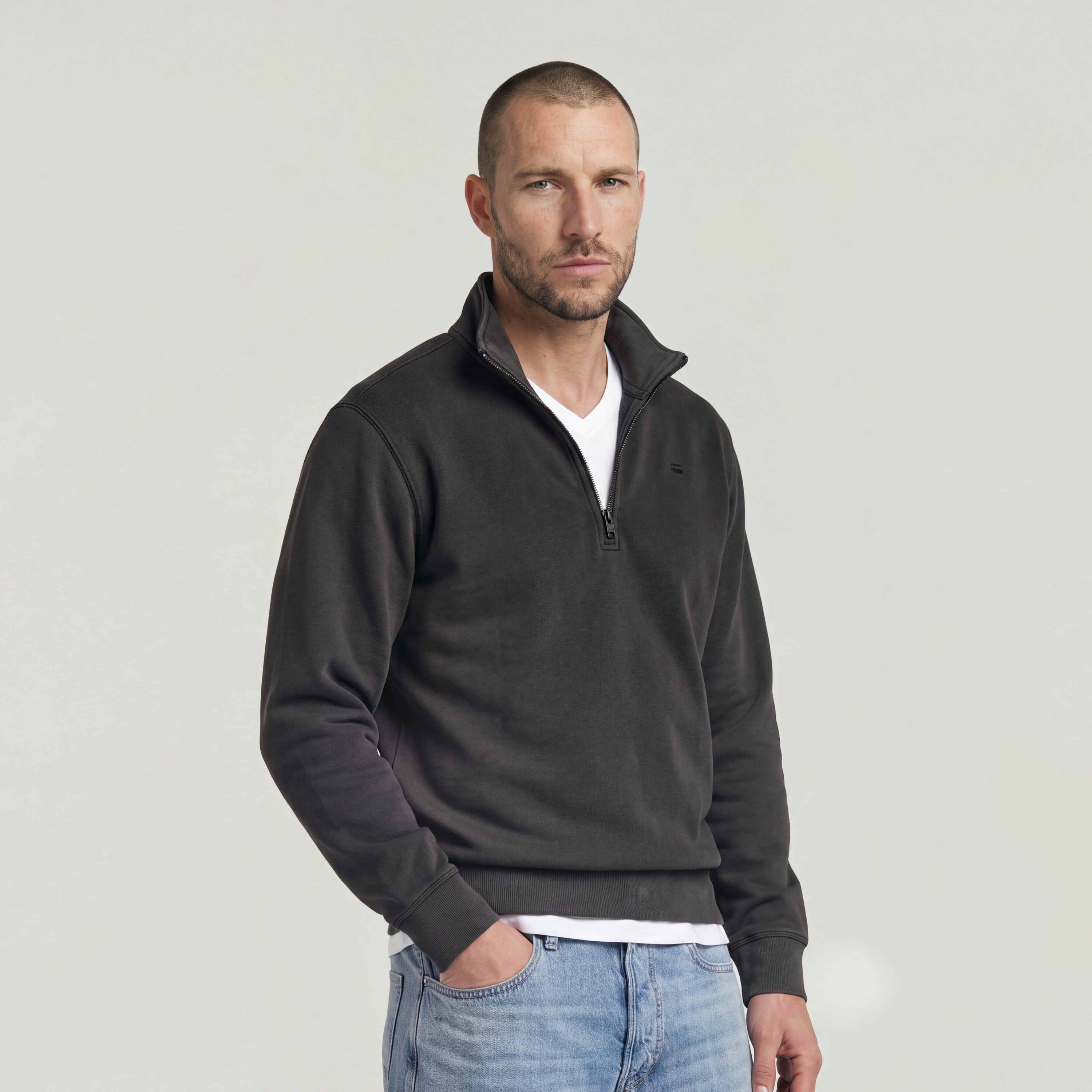 G-STAR Sweater Modern washed half zip sw ls mit Kängurutasche, Logodetail