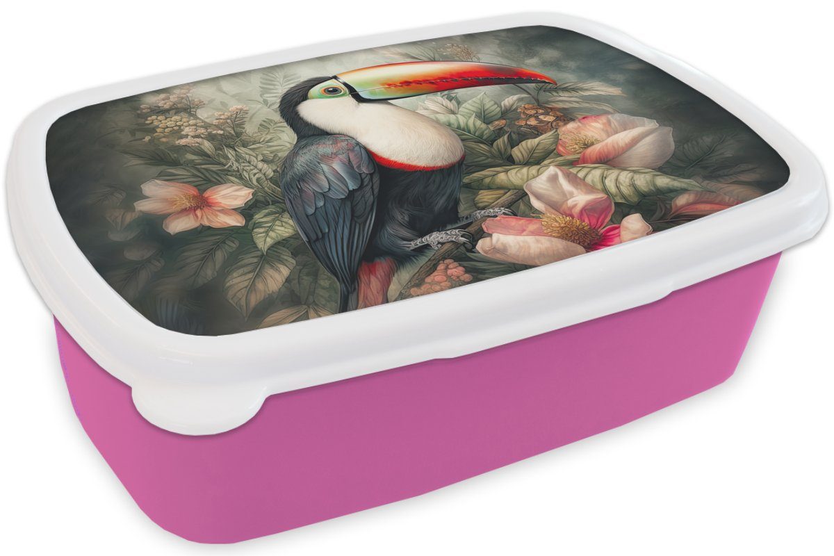 Snackbox, - - für Erwachsene, - Vögel Blumen Brotdose rosa Brotbox Kunststoff MuchoWow Pflanzen Mädchen, Tropisch, Kunststoff, Lunchbox Kinder, Tukan (2-tlg), -