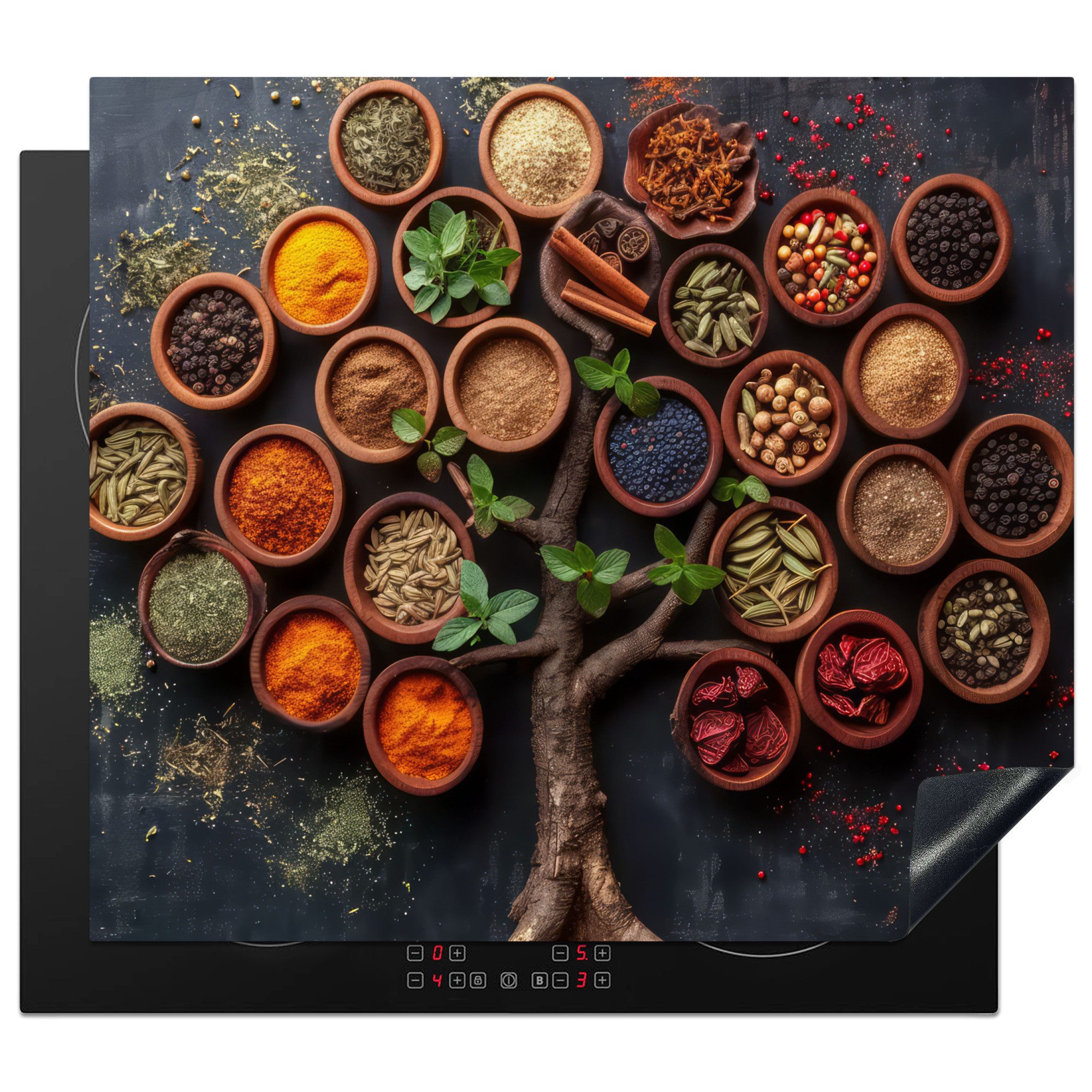 MuchoWow Herd-Abdeckplatte Kräuter - Baum - Küche - Kochen, Vinyl, (1 tlg), Küche Herdabdeckplatte Ceranfeld Vinyl Einteilig, 59x52 cm