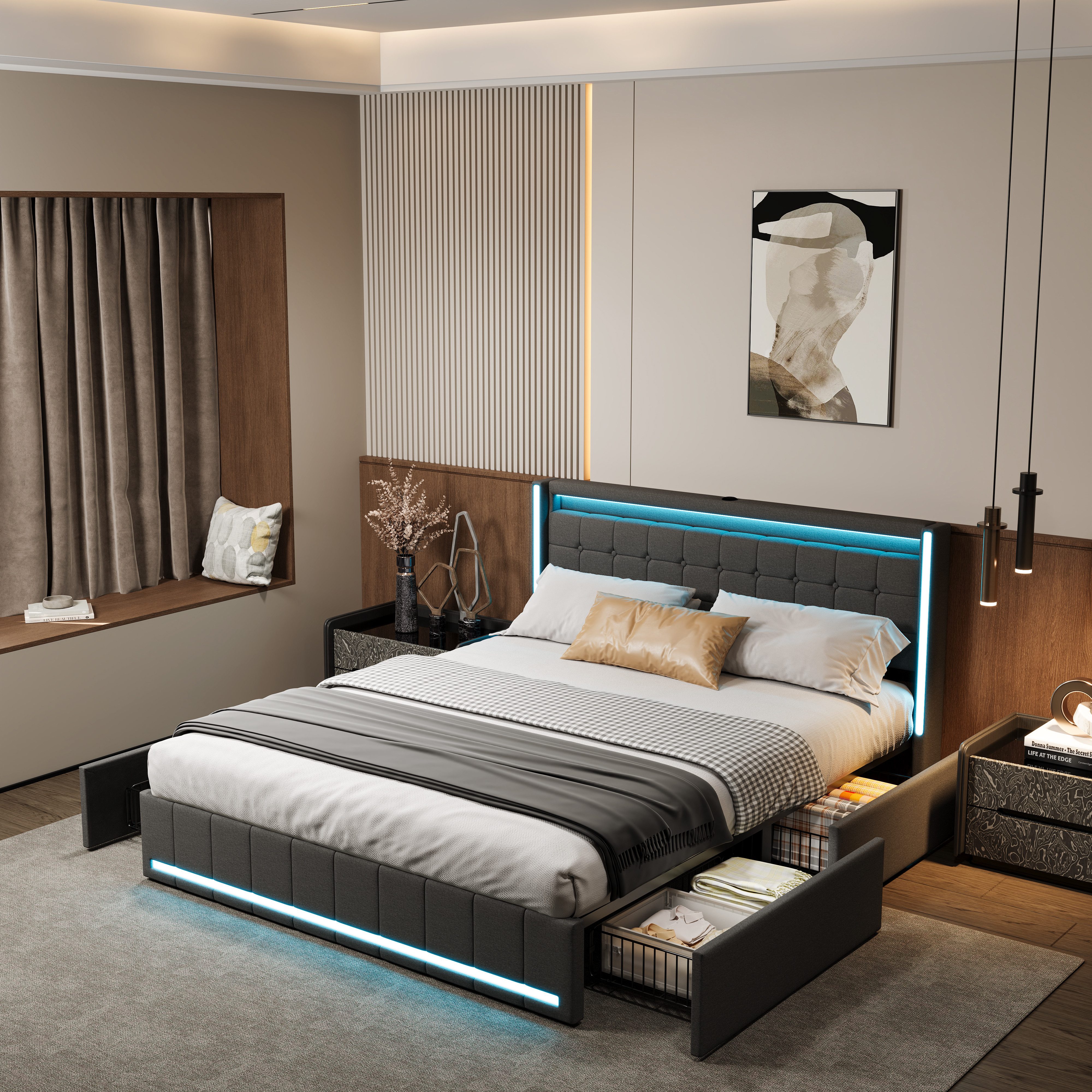 PXloue Polsterbett Design Bett Stauraumbett Doppelbett Leinen mit LED Licht günstig online kaufen