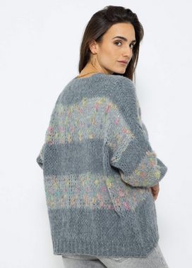 SASSYCLASSY Cardigan Oversize Cardigan mit multicolor Blockstreifen in Grau - Made in Italy