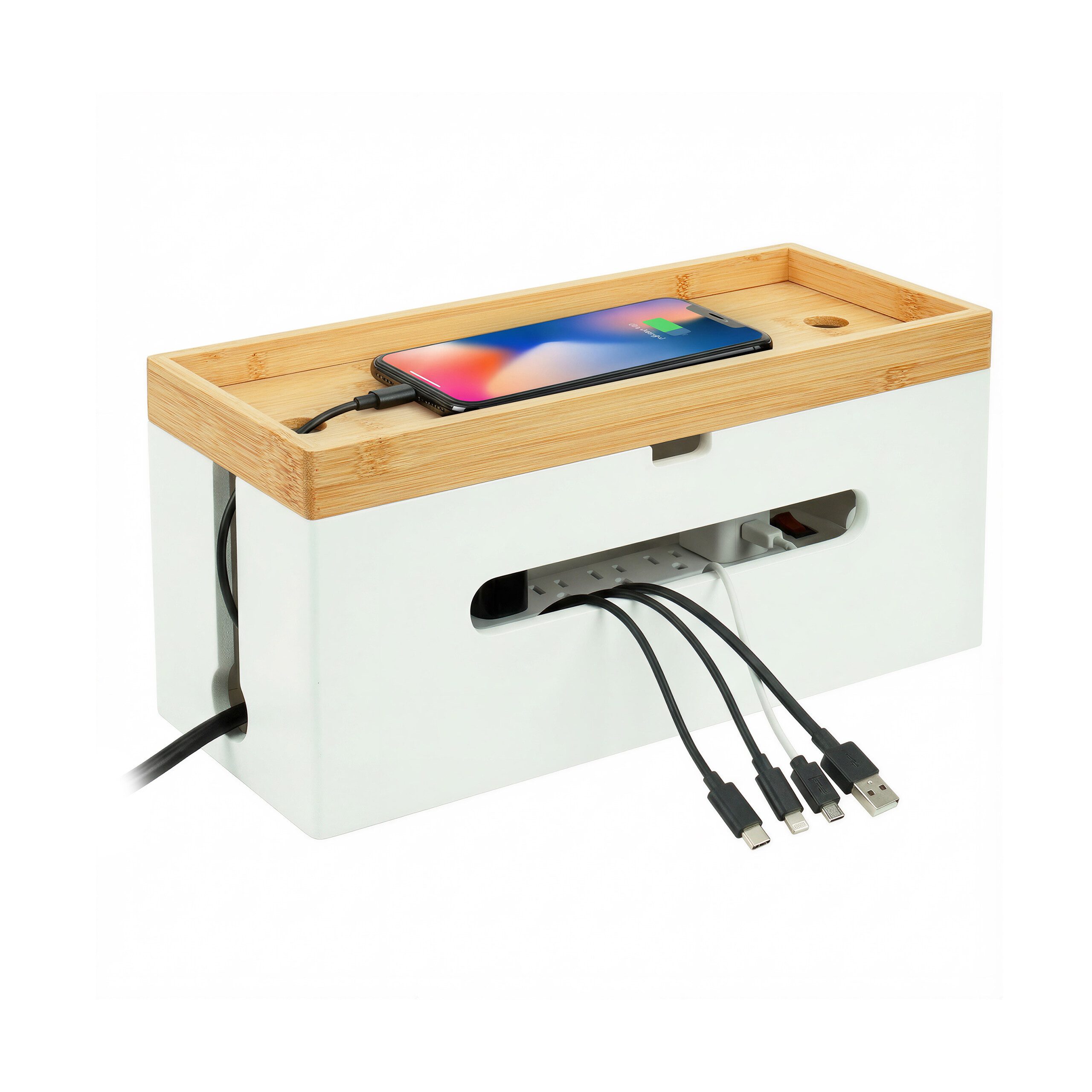 relaxdays Kabelbox aus Bambus, Natur-Weiß
