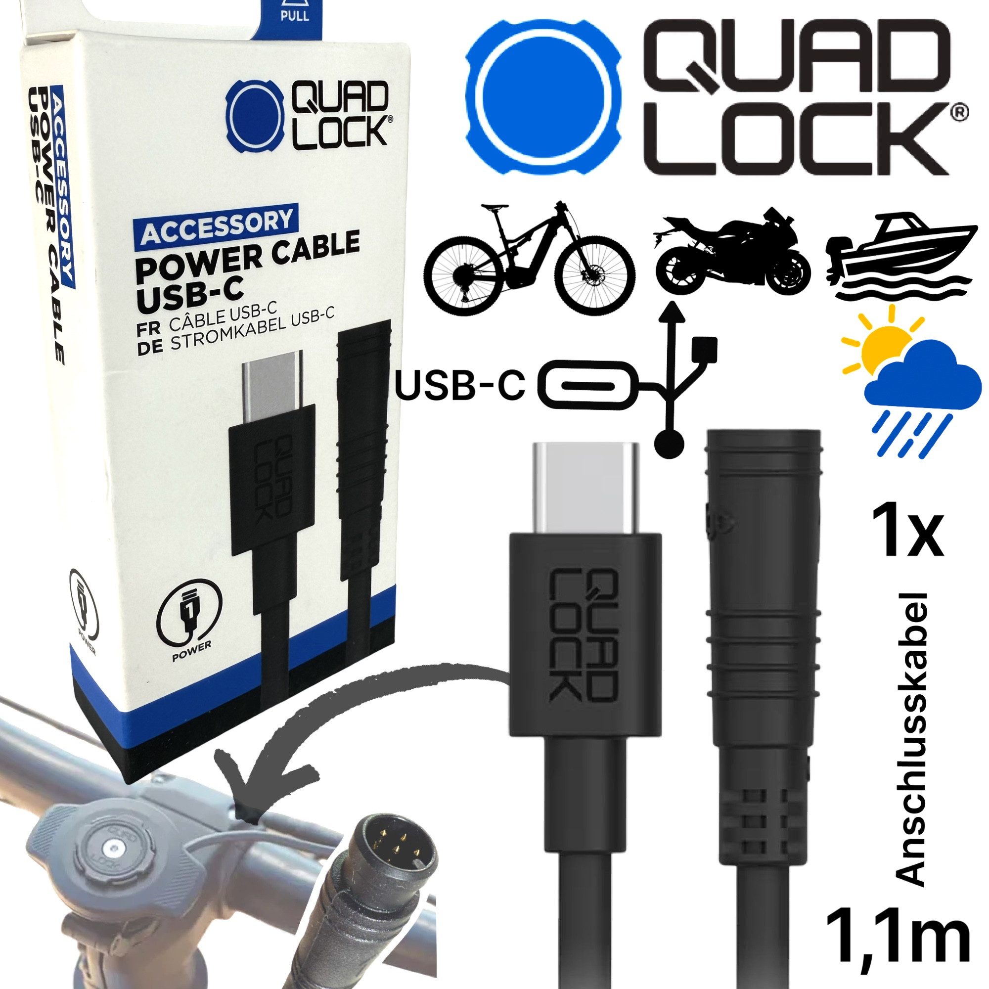 Quad Lock Handyhülle QUAD LOCK Power Cable für Wireless Ladegerät Mini DIN auf USB-C 1,1m