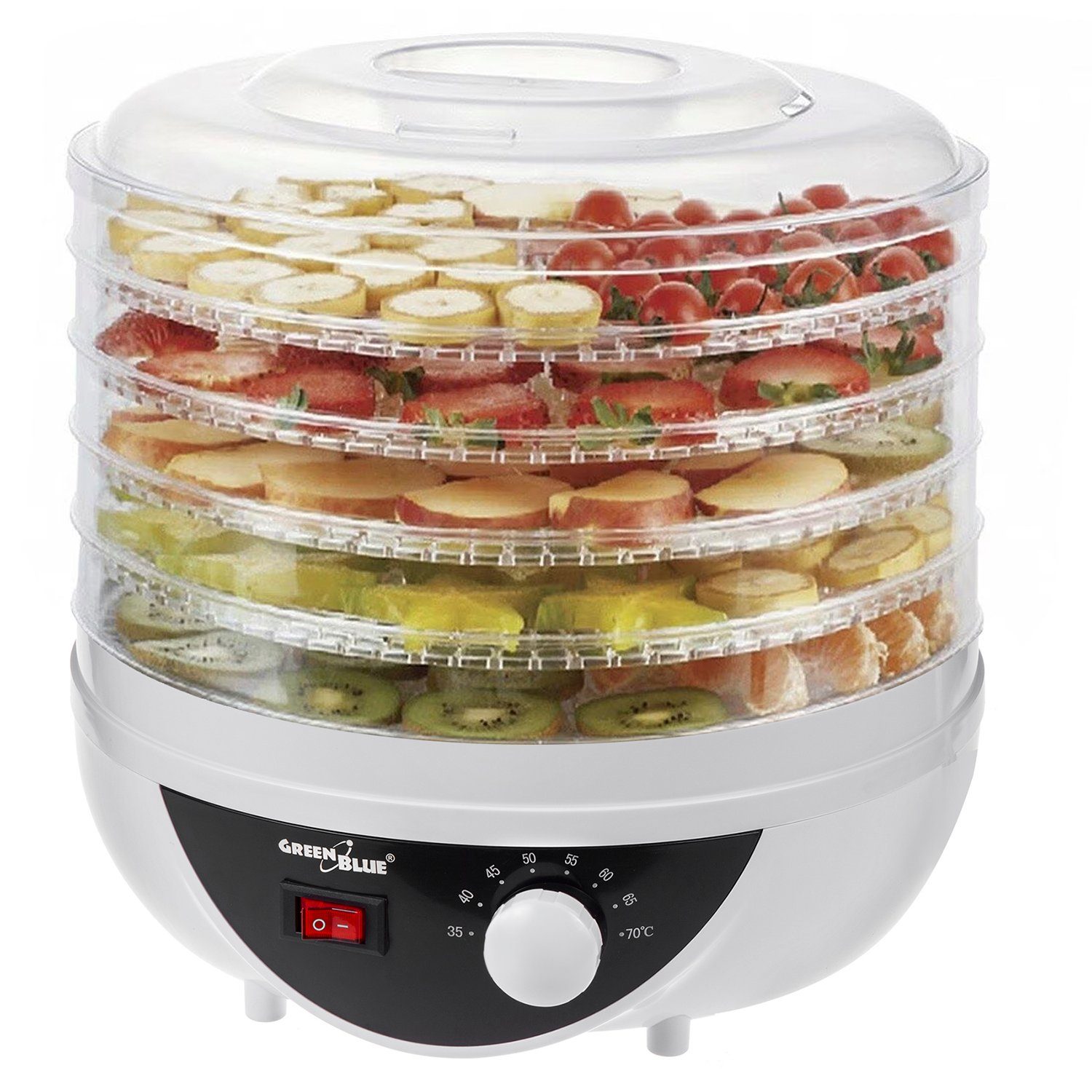 GreenBlue Dörrautomat GB195 Pilz-, Gemüse- und Obsttrockner mit 5 Sieben 250,00 W, mit Temperaturregelung 35–70°C, leiser Lebensmittel-Dörrautomat