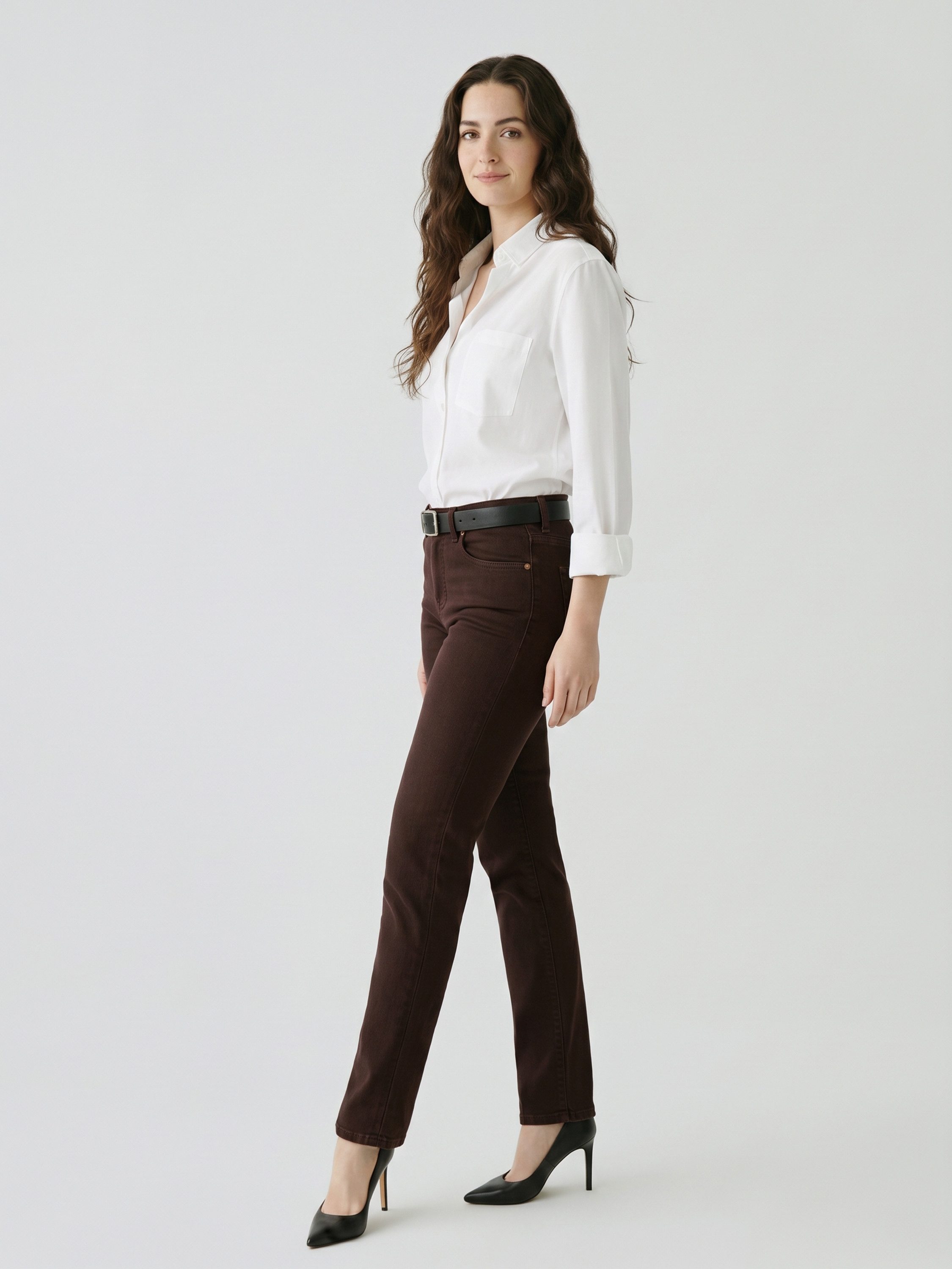 ESRA Stoffhose Stretch Hose Damen Regular Stoff-Hose Damen Elegant Hose elastisch Straight Damen Hose Elegant Business Hose Braun Stoffhose High Waist – Bild 2 von 5
