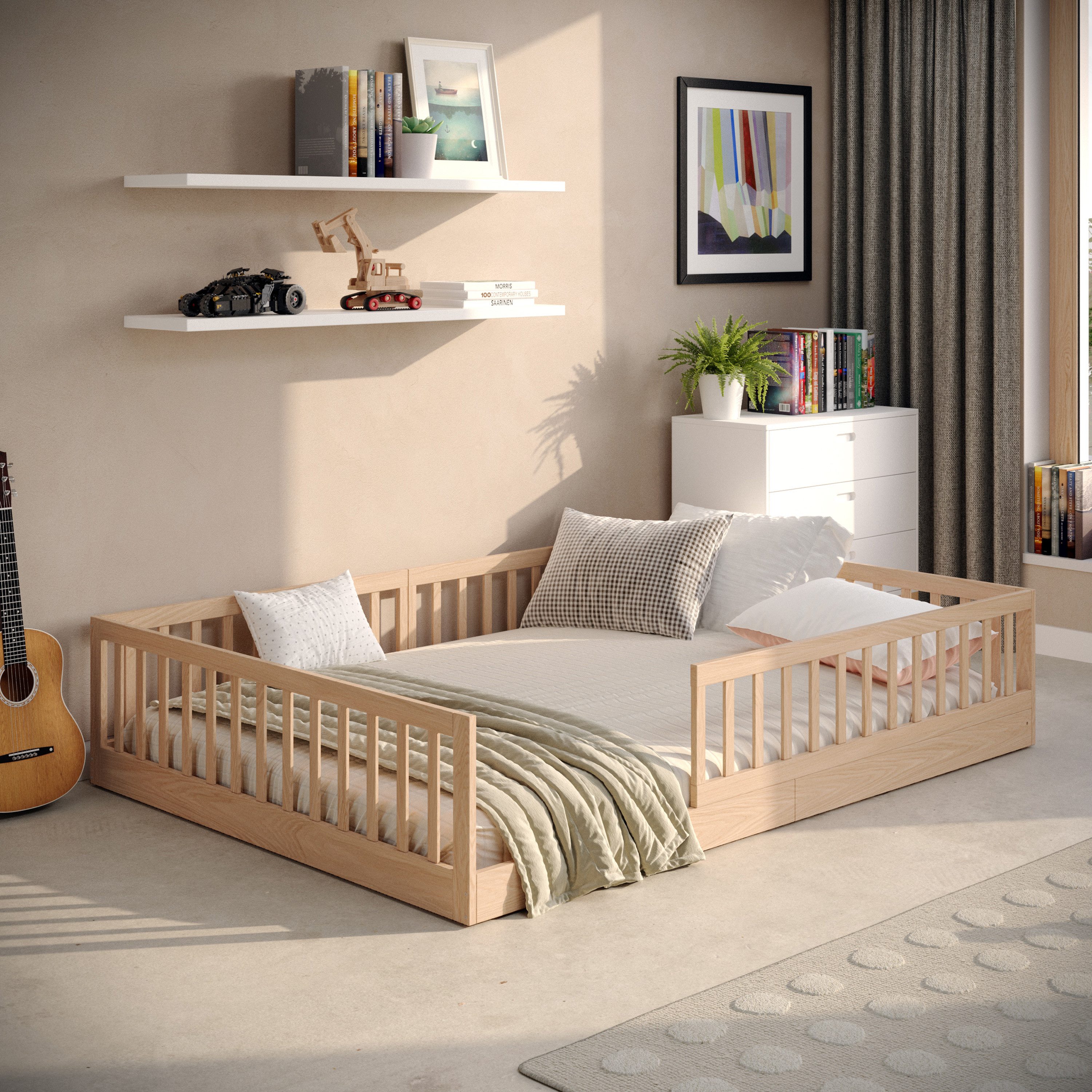CADANI Kinderbett Timi Bodenbett bis 200 kg belastbar mit abnehmbarem Rausfallschutz (140x200 cm, Montessori Kinder- & Jugendbett aus Kiefer Massivholz), inkl. stabilem Roll-Lattenrost, Natur