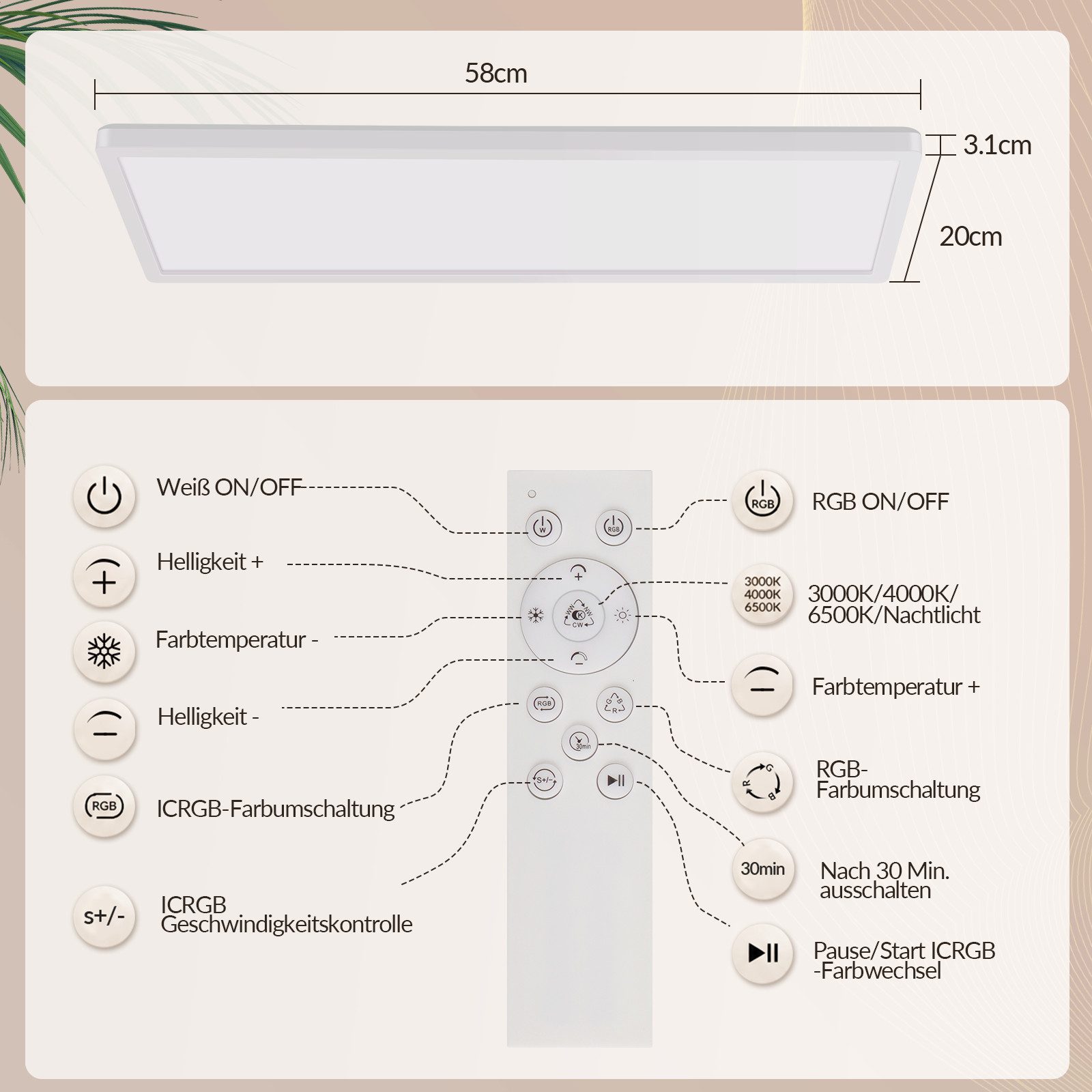 Nettlife LED Panel Schwarz/weiß 58x20 cm RGB dimmbar Deckenpanel Bürolampe 22W, LED fest integriert, Warmweiß Neutralweiß Kaltweiß, Farbwechsel Backlight für Werkstatt, Flur, Küche, Wohnzimmer