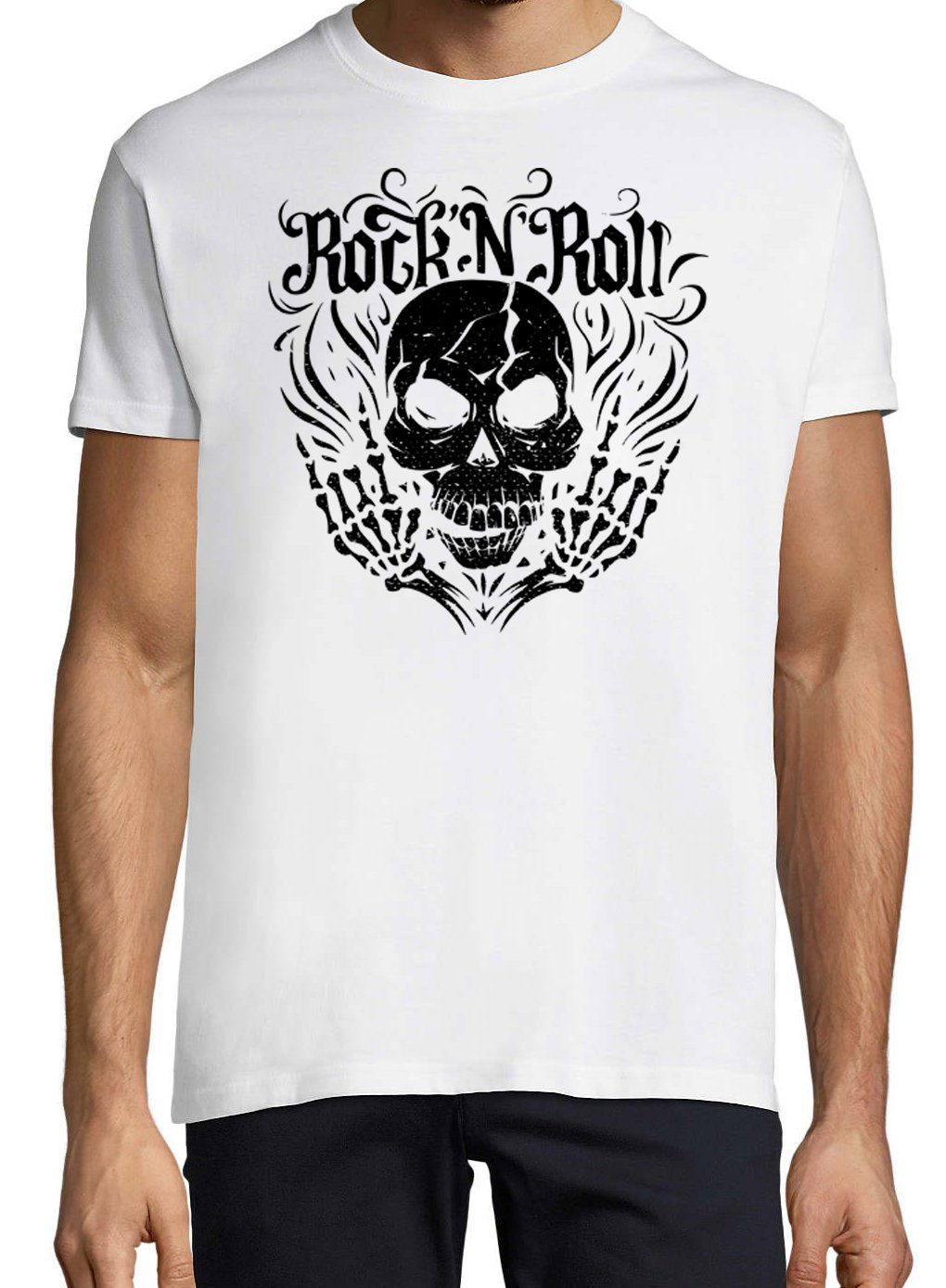mit im T-Shirt Youth Fun-Look Rock Herren Frontdruck Designz Weiss Trendigem Roll T-Shirt Skull and