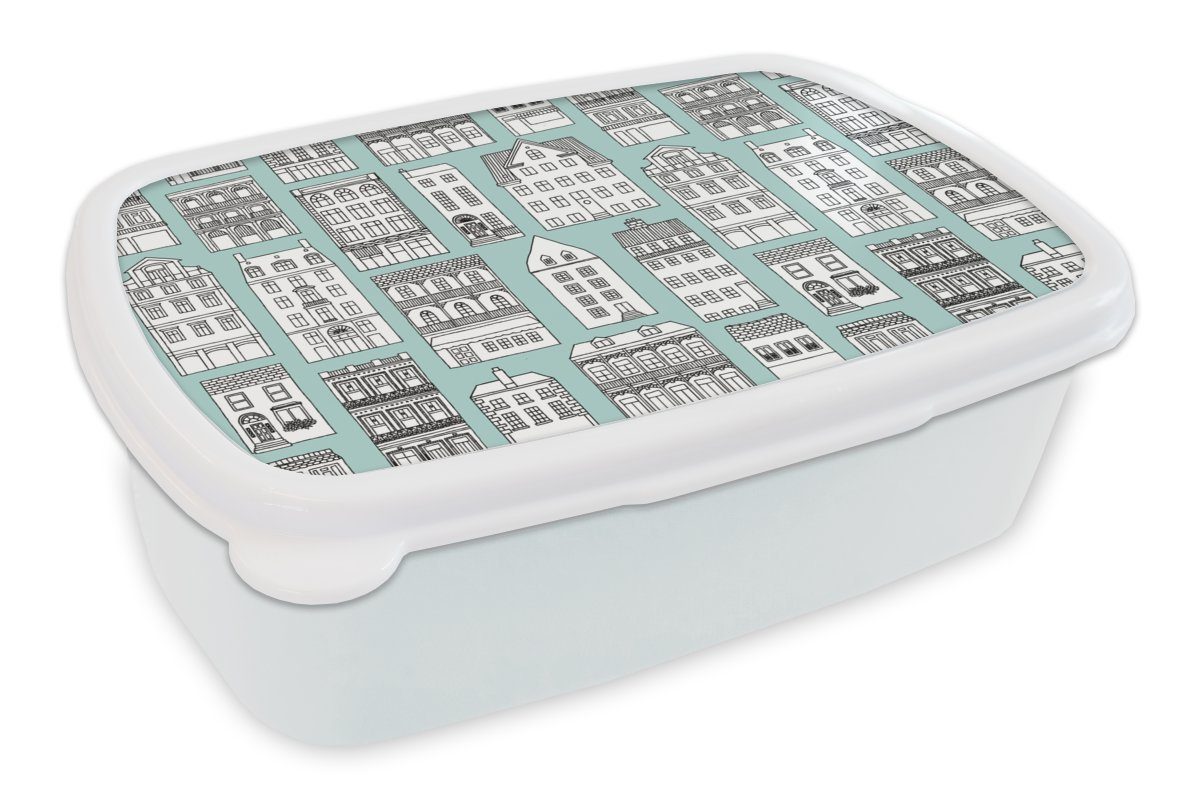 MuchoWow Lunchbox Muster Erwachsene, und Kunststoff, für Brotbox Skyline, (2-tlg), - Mädchen - Haus weiß und für Brotdose, Jungs Kinder