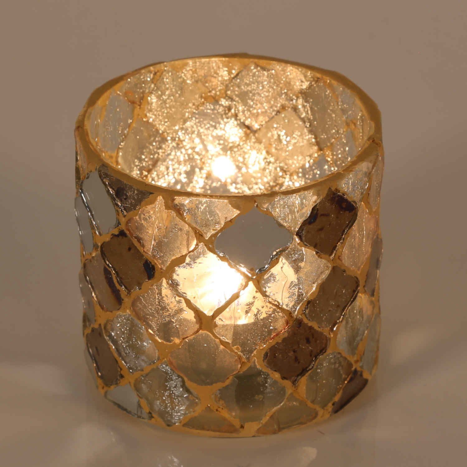 Casa Moro Windlicht Orientalisches Mosaik Windlicht Athen Gold rund aus Glas (Teelichthalter Boho Chic Kerzenständer Kerzenhalter, Glaswindlicht in den Größen S und M oder als 2er Set bestellbar), Ramadan Dekoration wie aus 1001 Nacht