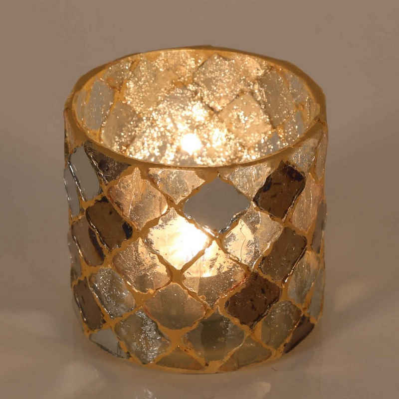 Casa Moro Windlicht Orientalisches Mosaik Windlicht Athen Gold rund aus Glas (Teelichthalter Boho Chic Kerzenständer Kerzenhalter, Glaswindlicht in den Größen S und M oder als 2er Set bestellbar), Kunsthandwerk pur für einfach schöner wohnen