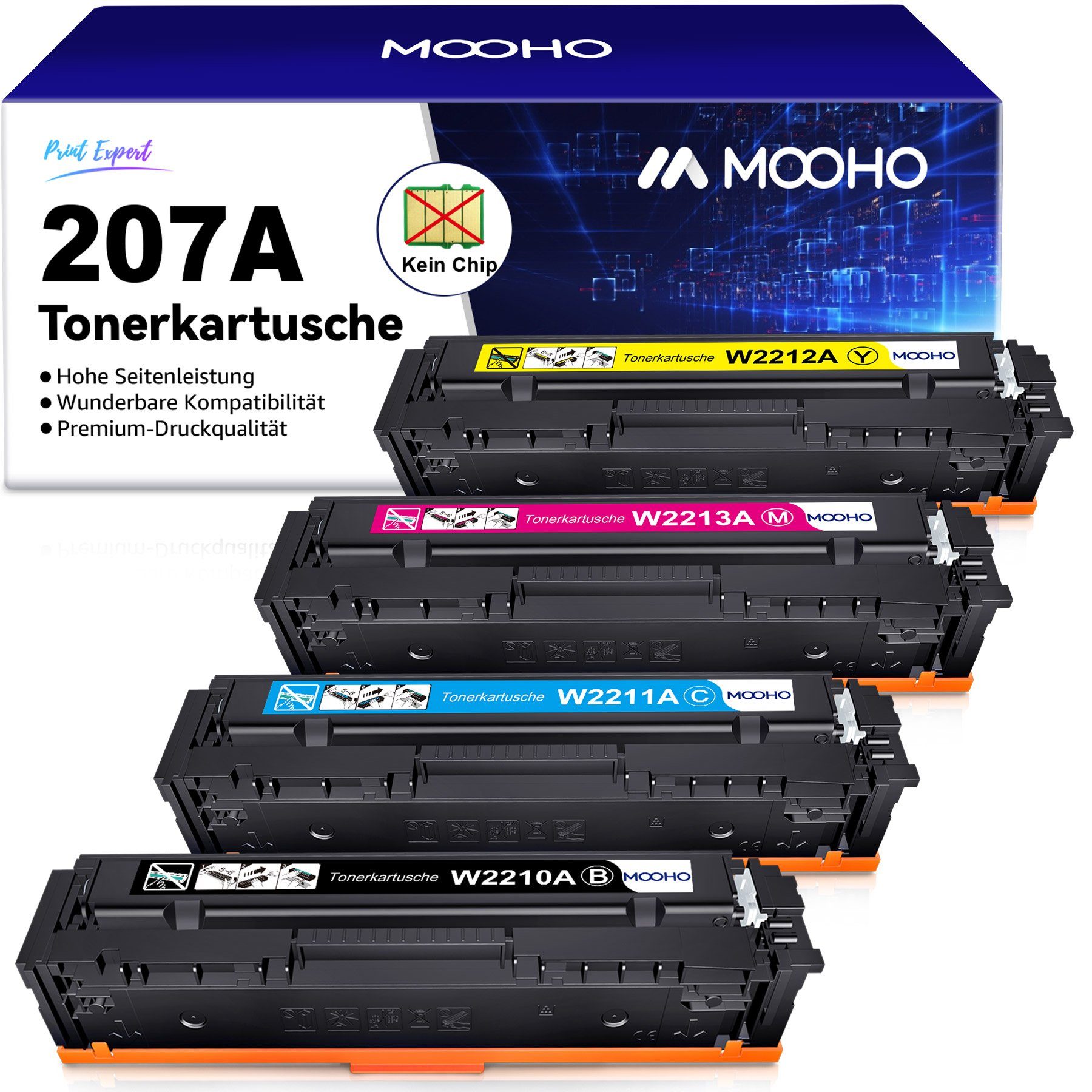 MOOHO Tonerkartusche für HP 207A 207X 207 Toner Laserjet Pro MFP M282nw, (M283fdw M283fdn, 4-St) 207A (Schwarz:1350 Farbe:1250 Seiten)