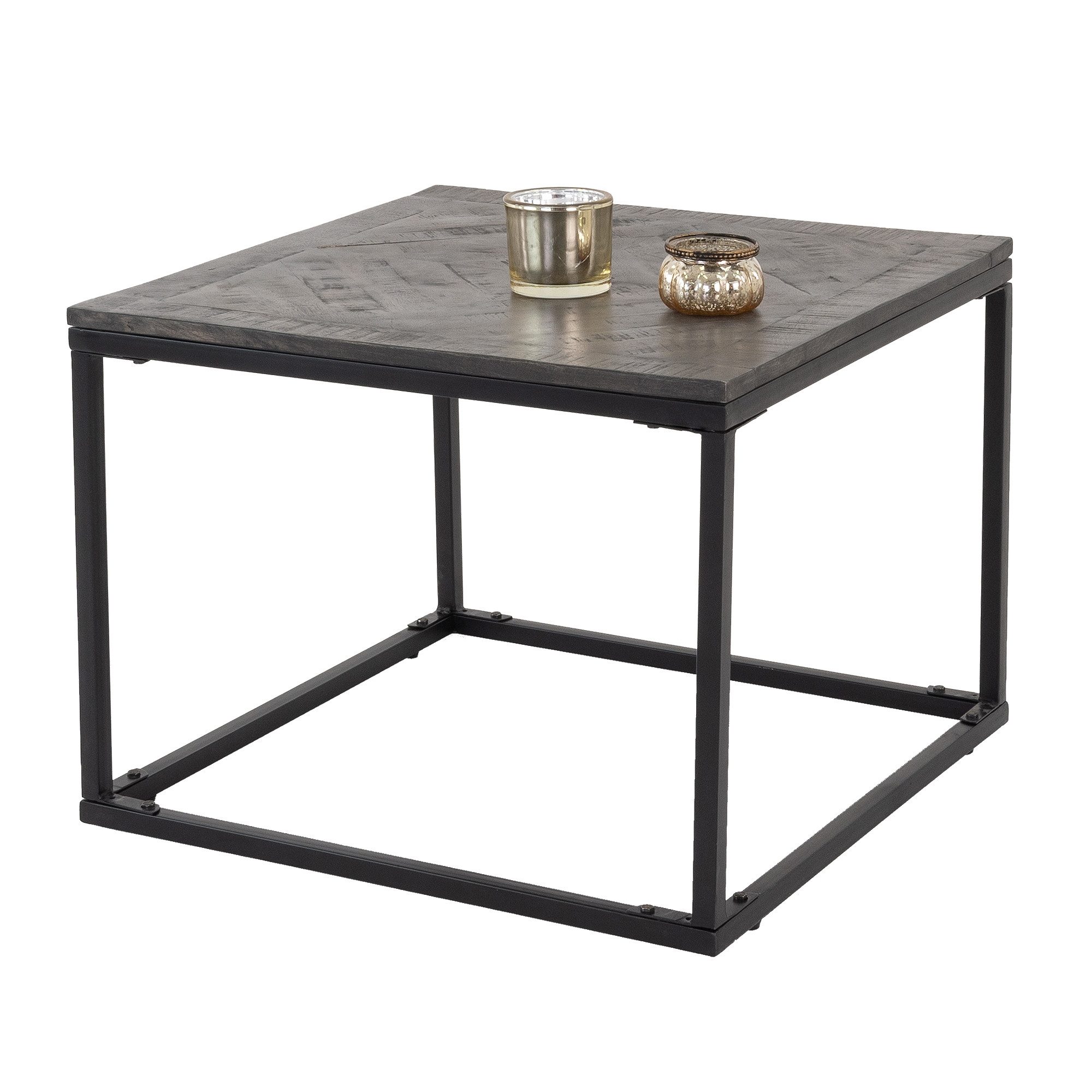 WOMO-DESIGN Beistelltisch Wohnzimmertisch Sofatisch Couchtisch Kaffeetisch Loungetisch Unikat, Mangoholz Parkettoptik Holztisch Metallgestell Massivholz Deko Tisch