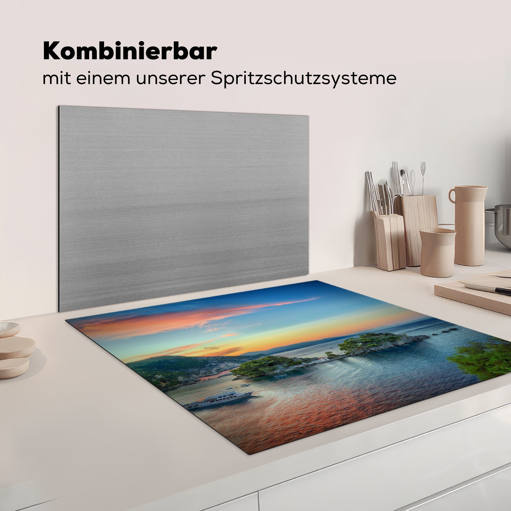 MuchoWow Herdblende-/Abdeckplatte Ceranfeldabdeckung, tlg), Sonnenaufgang einer 78x78 Vinyl, Arbeitsplatte (1 küche Insel Parga, für auf cm, in