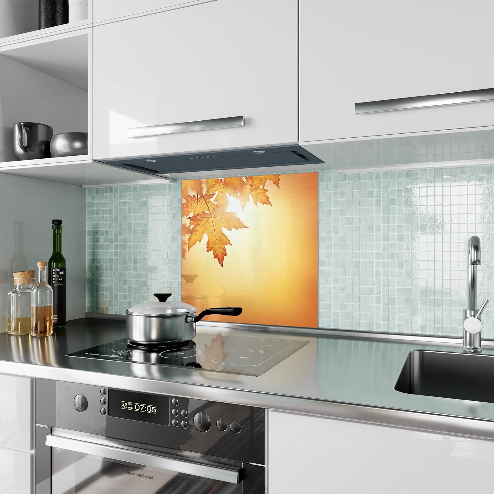 Glas Küchenrückwand mit Primedeco Motiv Herbstlaub Spritzschutz Küchenrückwand