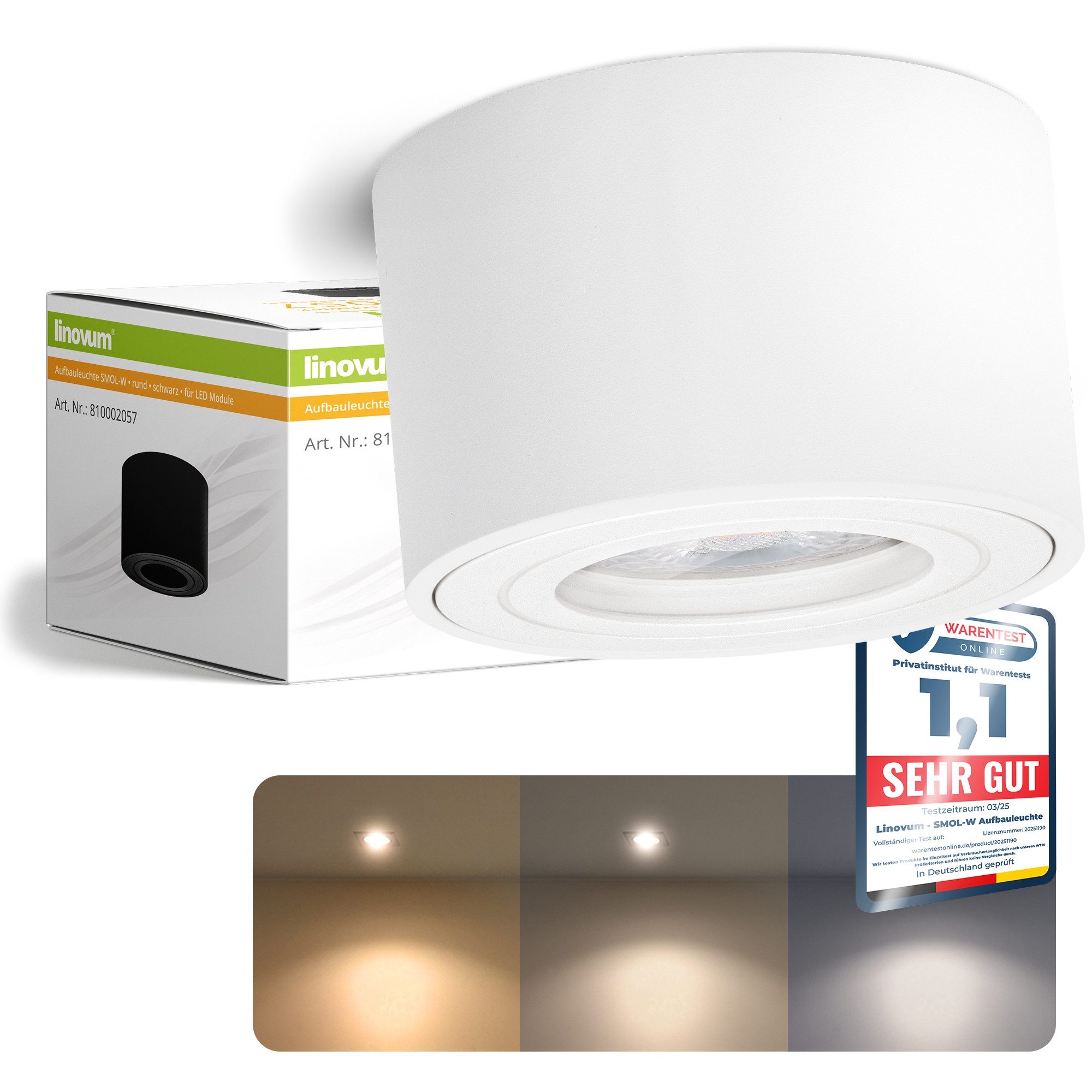 linovum LED Außen-Deckenleuchte Aufbauleuchte SMOL-W LED 4W LumiFLEX 3CCT IP44 Aufbauspot 3 Lichtmodi, Warmweiß