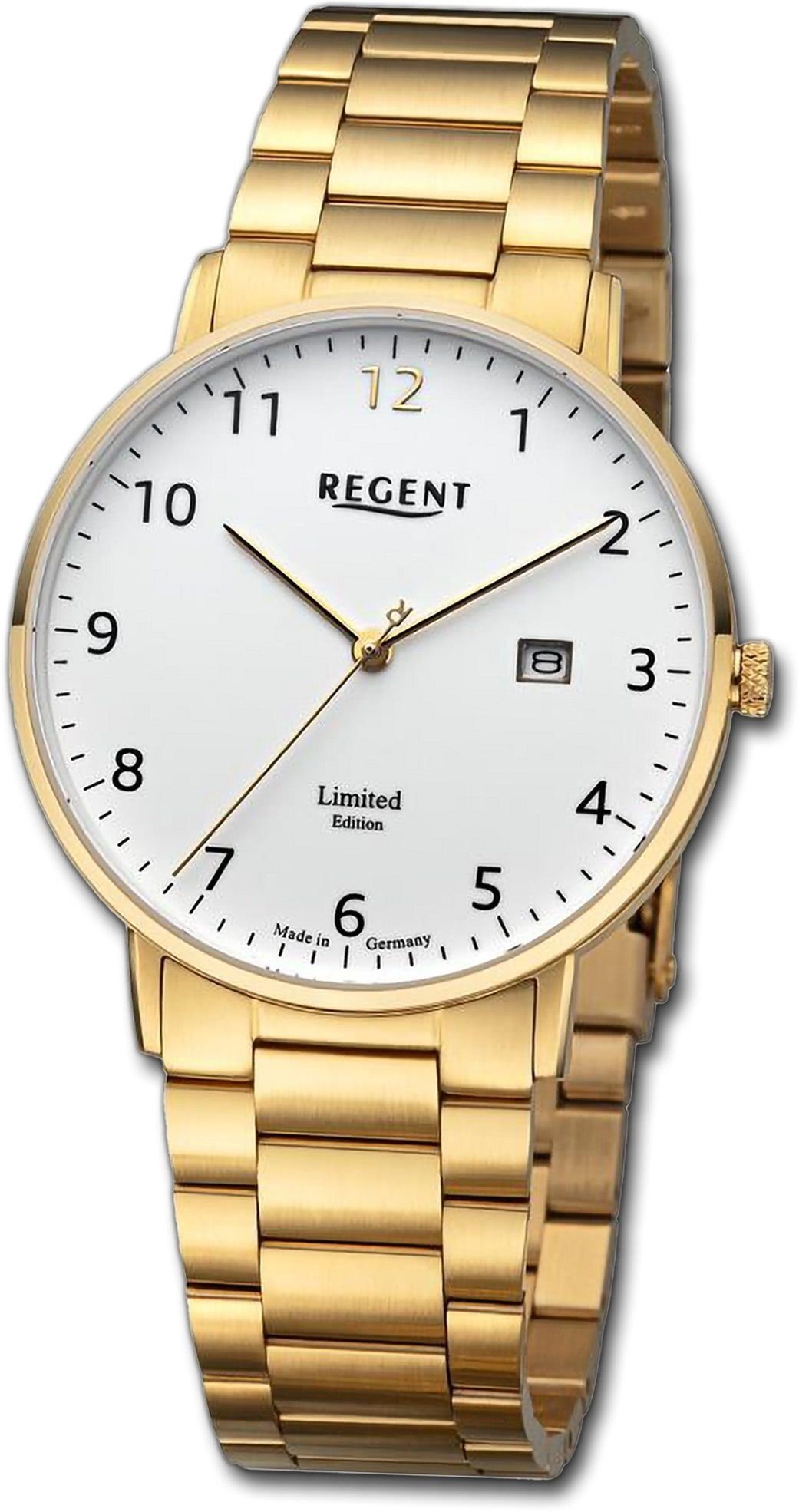 Regent Quarzuhr Regent Herren Armbanduhr Analog, Herrenuhr Metallarmband gold, rundes Gehäuse, extra groß (ca. 39mm) | Quarzuhren