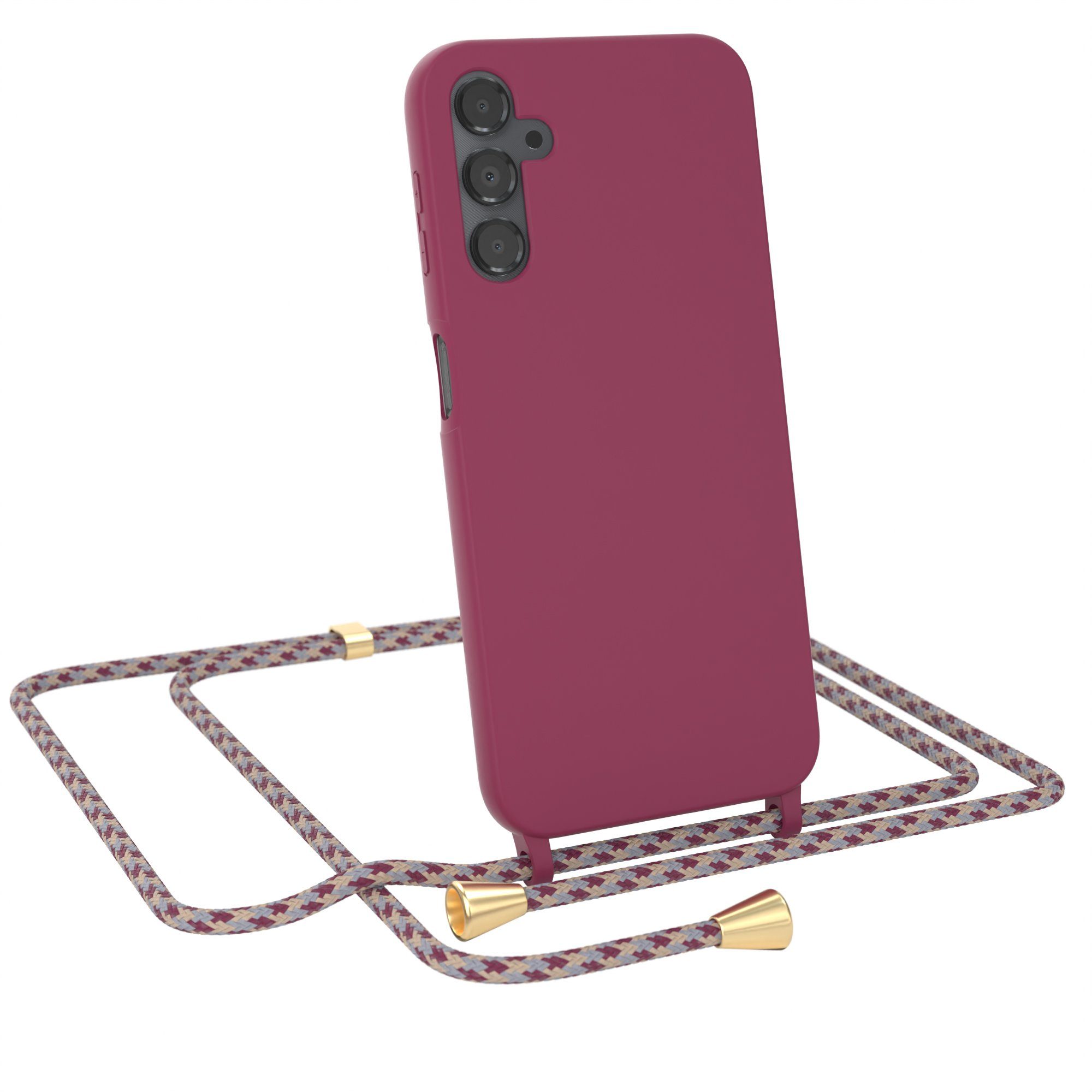 EAZY CASE Handykette Runde Silikon Kette für Samsung Galaxy A14 5G 6,6 Zoll, Ketten Kordel farbiges Case abnehmbare Handyhülle Rot Beige Gold Clips
