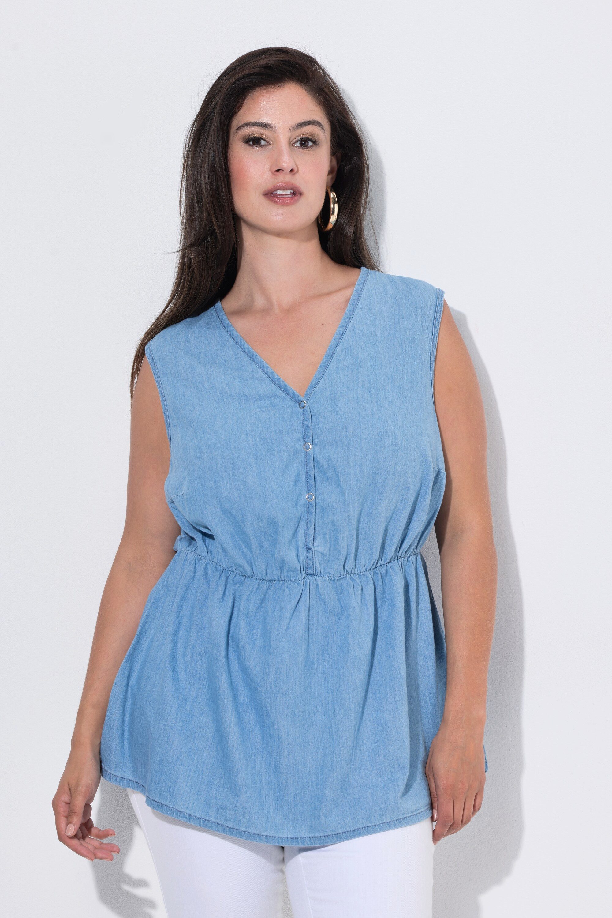 Ulla Popken Spitzenbluse Jeansbluse A-Linie V-Ausschnitt ärmellos