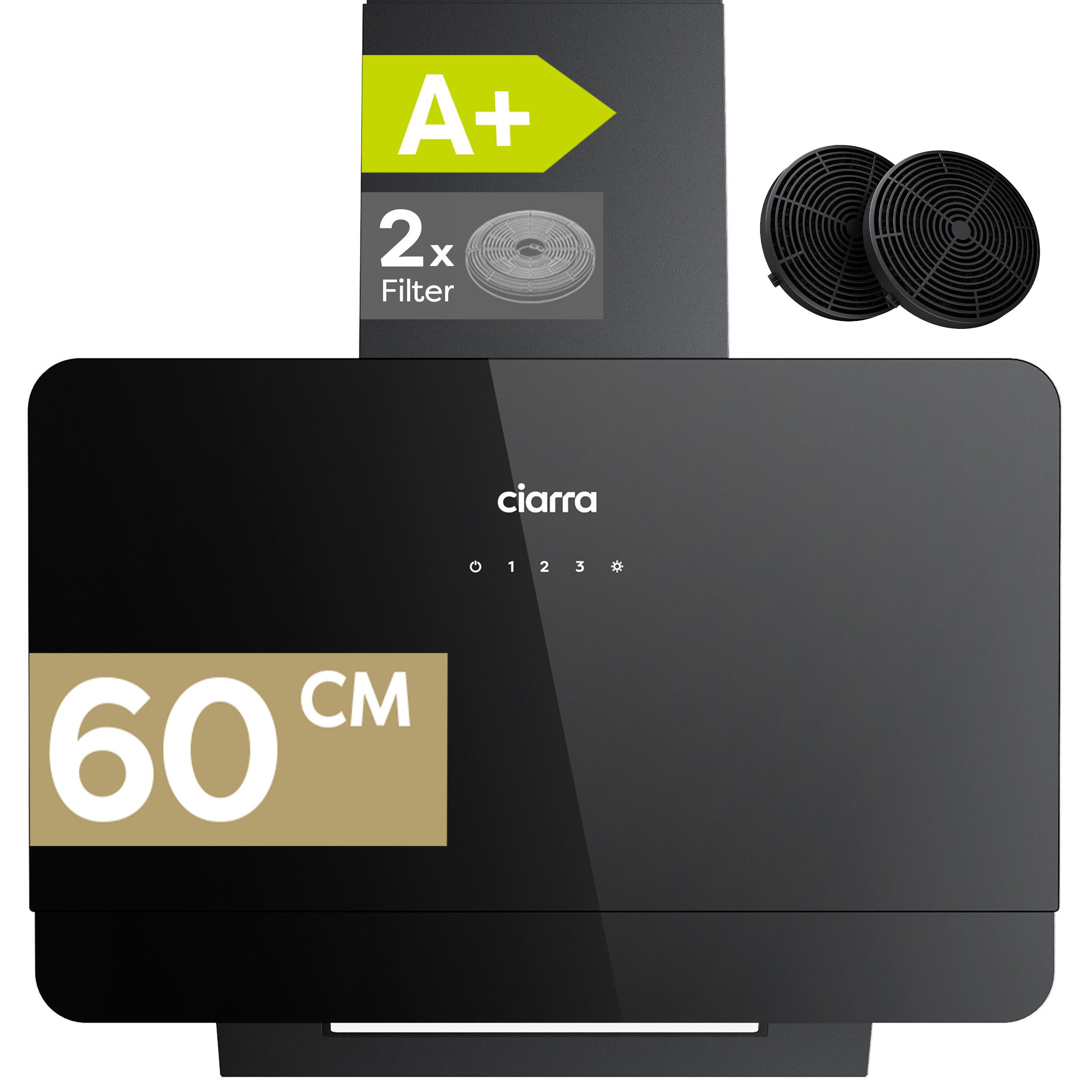 CIARRA Kopffreihaube 60 cm Dunstabzugshaube A+ 580 m³/h SensorTouch 3 Stufen VM6765CB 60 cm Dunstabzugshaube A+ 580 m³/h SensorTouch 3 Stufen VM6765CB, Leise Schräghaube Umluft & Abluft mit 2 Kohlefilter & LED Schwarz
