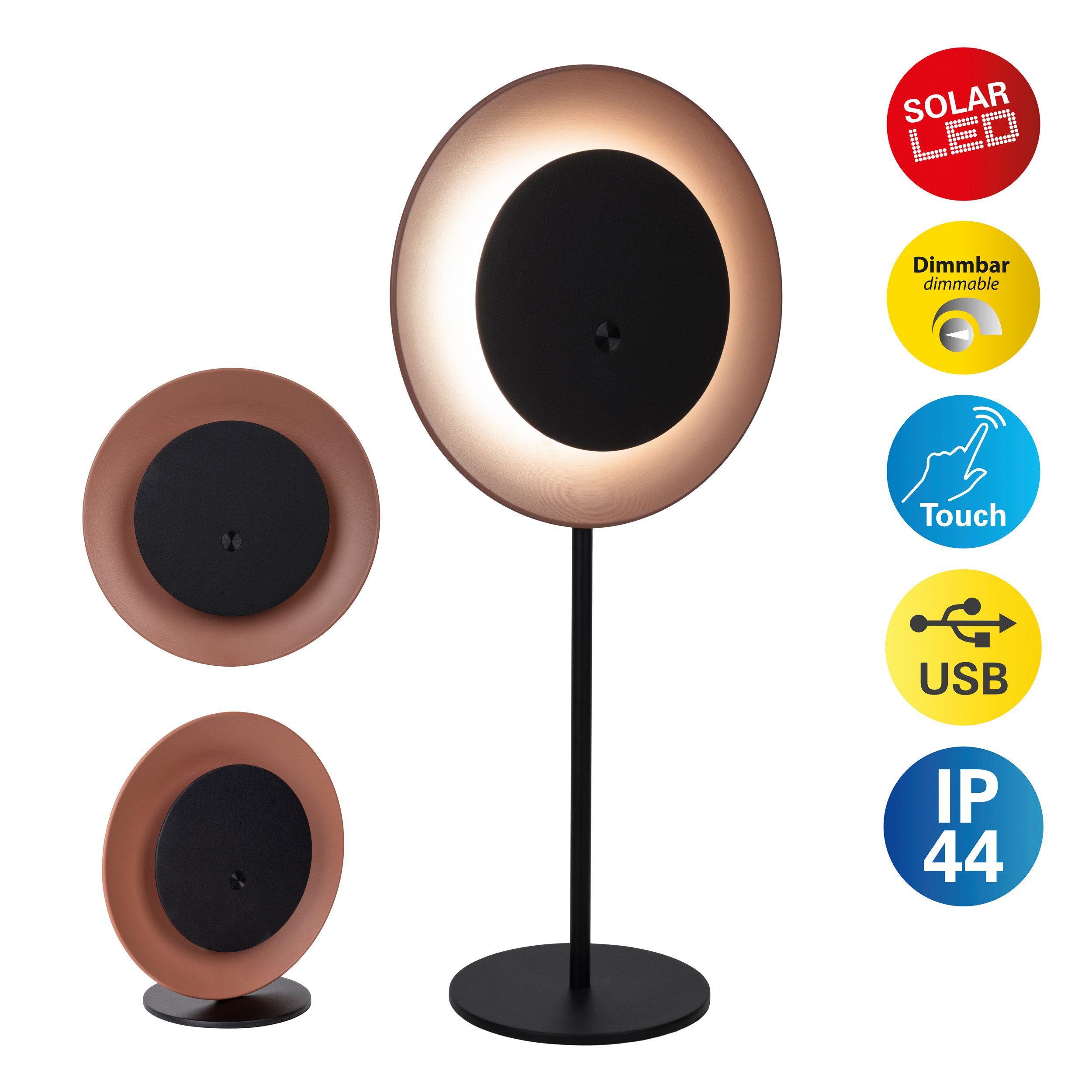 näve LED Solarleuchte Solan, Dimmfunktion, USB-Ladefunktion, LED fest integriert, Warmweiß, 4in1 Akku-Solar-Tisch-Hängeleuchte, Touchschalter, USB, dimmbar