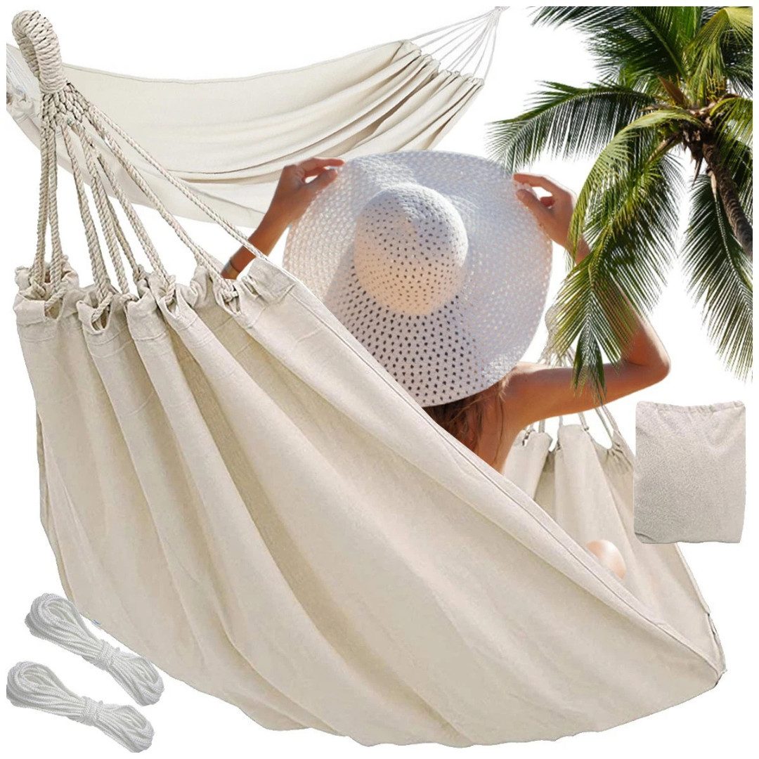 VERK GROUP Hängemattengestell Hängematte Outdoor bis 200 kg 200x80 cm Baumwolle mit Tasche, (Hängematte, 1-St), Große Liegefläche 200 × 80 cm; belastbar bis 200 kg