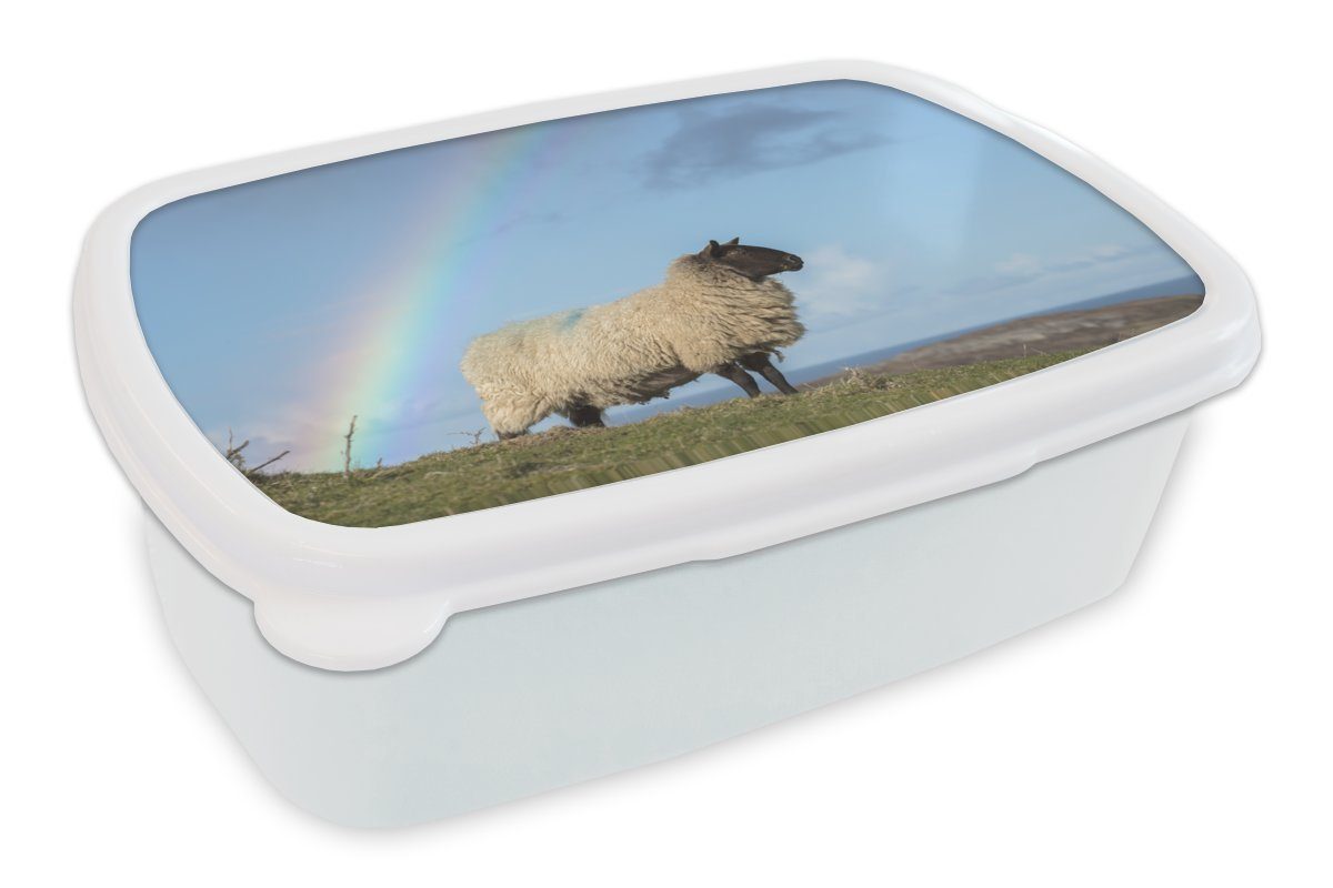 MuchoWow Lunchbox Schaf - Himmel - Regenbogen, Kunststoff, (2-tlg), Brotbox für Kinder und Erwachsene, Brotdose, für Jungs und Mädchen weiß