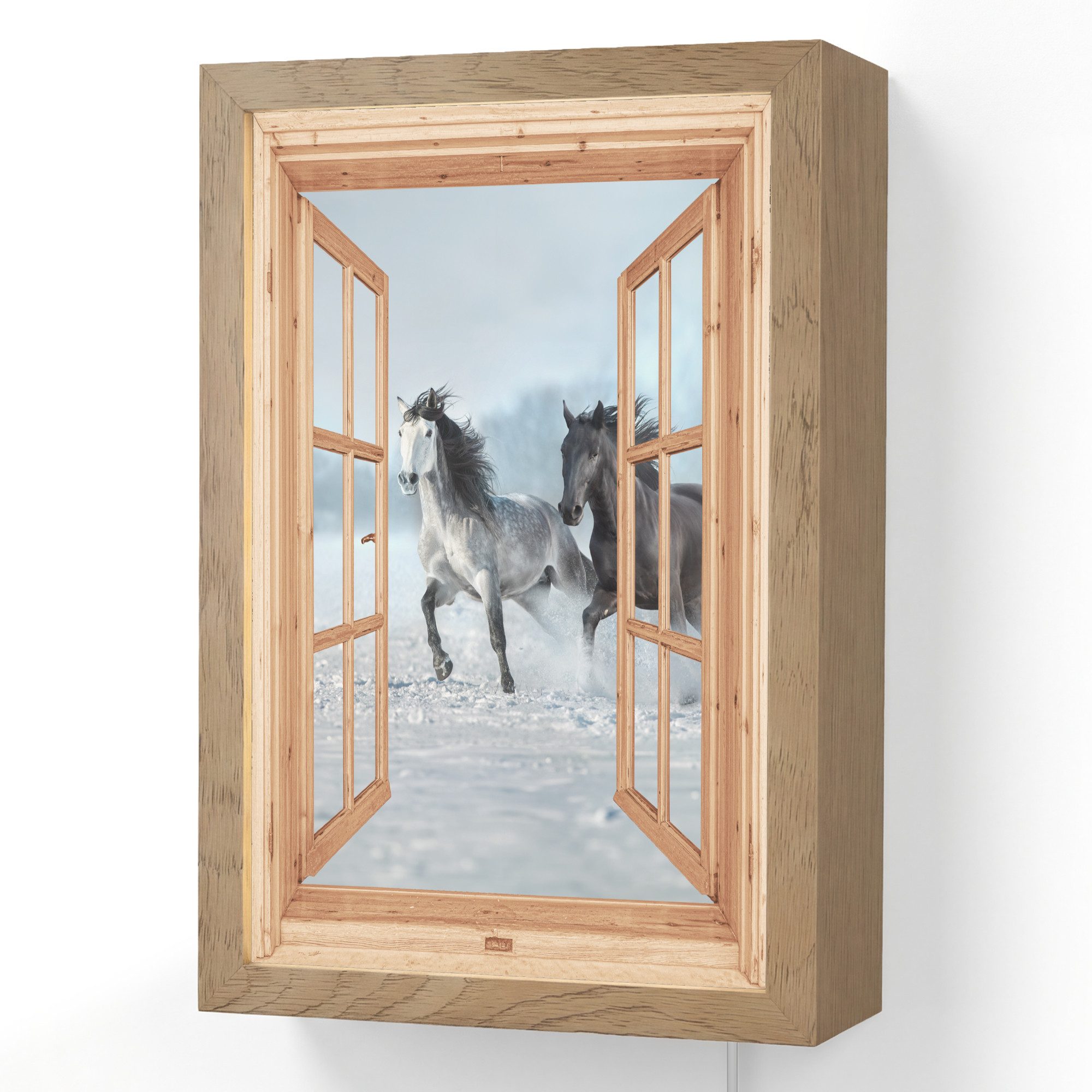 OnlyWow Wandleuchte Lightbox Fensterblick - Fenster - Pferde - Winter - Tiere - Natur - Ho, Dimmbar, Farbwechsel, LED, Warmweiß, Kaltweiß, Neutralweiß Einstellbar, Wandlampe Innen, Dimmbar, mit Kabel, LED, Beleuchtung, Wohnzimmer