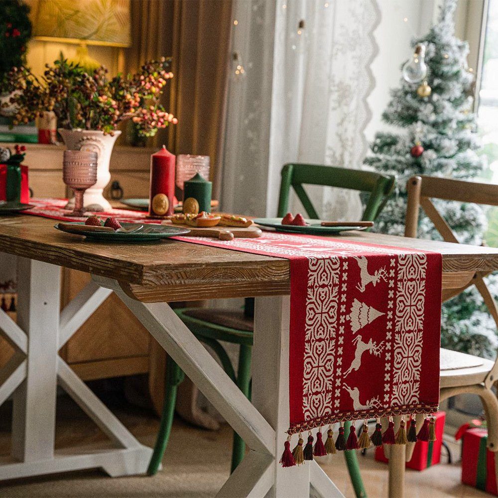 Rouemi Tischband Weihnachten Tischdecken, Weihnachten 35×200cm Tischdecken, 35×180cm, Elch Quaste