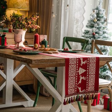 Rouemi Tischband Weihnachten Tischdecken, Weihnachten Elch Quaste Tischdecken, 35×180cm, 35×200cm
