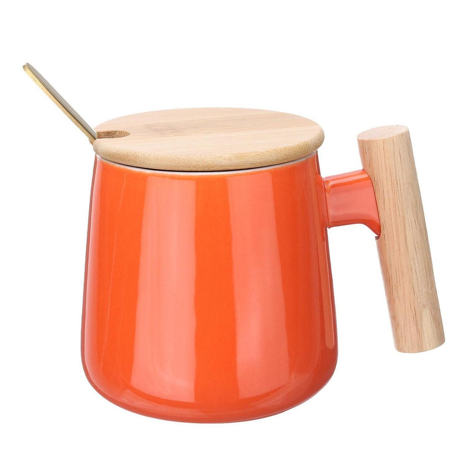 LuxusKollektion Becher Kaffeetasse Keramik 380ml Holzgriff Orange
