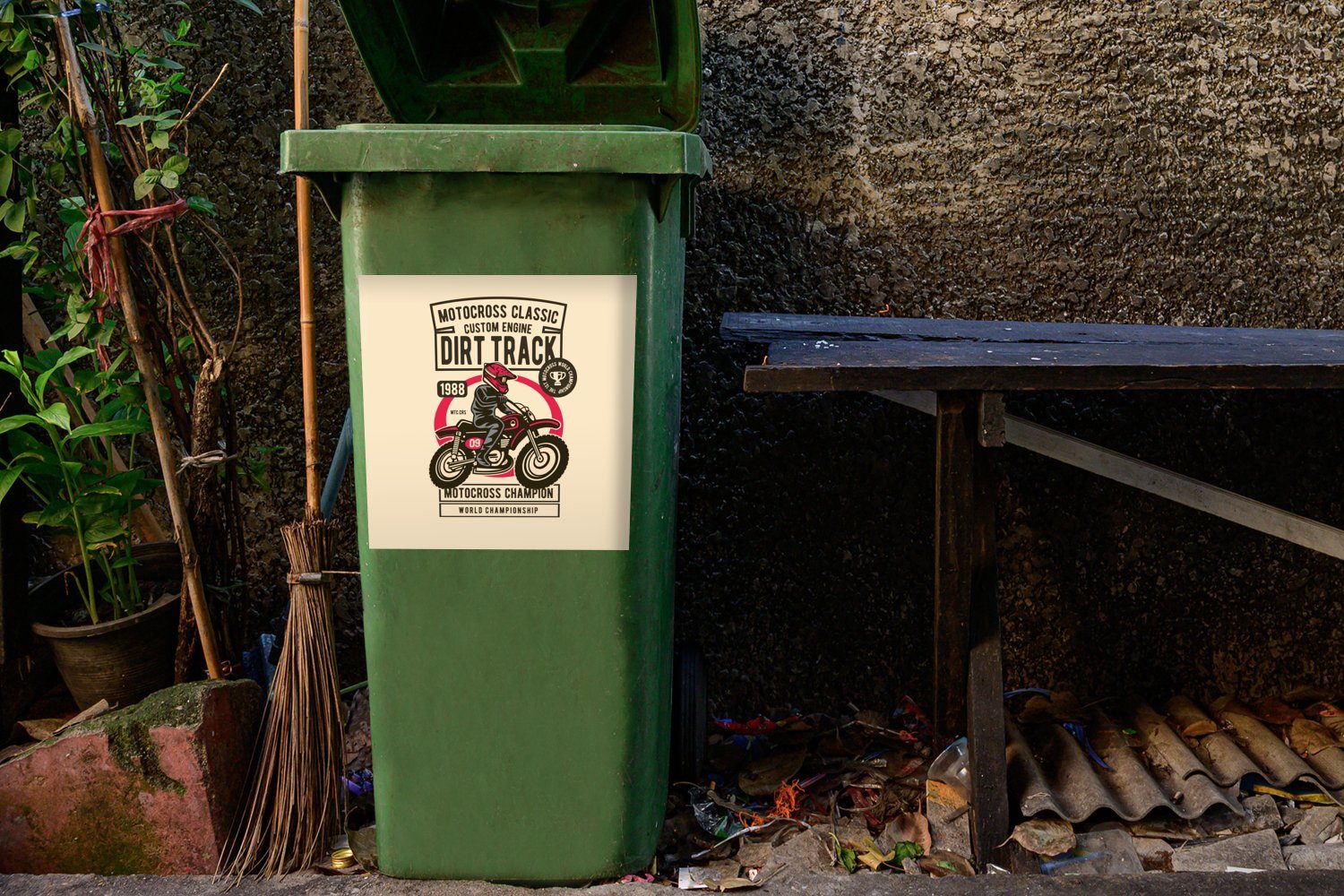 Retro Wandsticker (1 MuchoWow Sticker, - Zeichnung Mülleimer-aufkleber, Container, Mülltonne, St), - Abfalbehälter Motocross