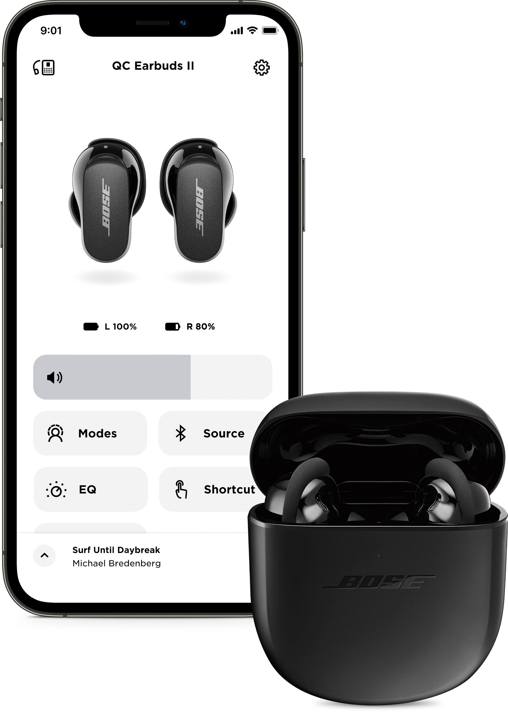 Bose QuietComfort® Earbuds II wireless Klang) In-Ear-Kopfhörer Anrufe Bluetooth, integrierte Steuerung und Lärmreduzierung kabellose für Musik, black Noise-Cancelling, personalisiertem mit (Freisprechfunktion, In-Ear-Kopfhörer