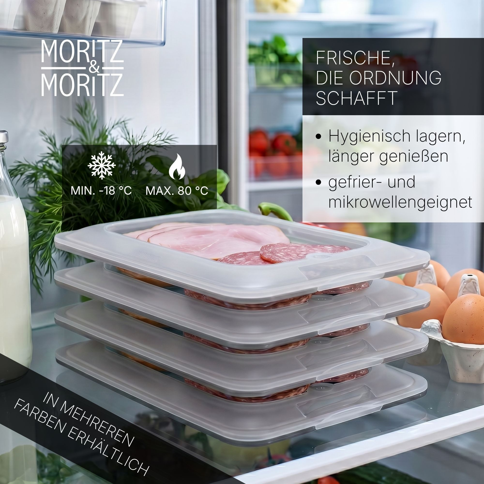 Moritz & Moritz Frischhaltedose Frischhaltedose 4er Set Aufschnittdosen stapelbar - dunkel, Kunststoff, (Set, 4-tlg., Set), Inkl. 4 Sticker, mit Deckel für Opti – Bild 2 von 5