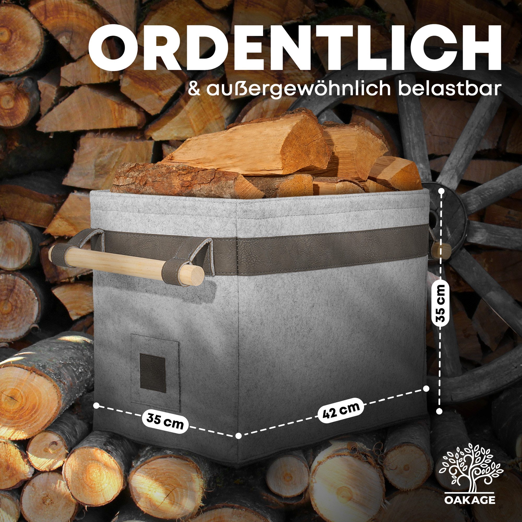 OAKAGE Kaminholzkorb Holzkorb für Kaminholz Feuerholzkorb Brennholzkorb Kaminkorb Filzkorb, einfallsichere Seitenwände
