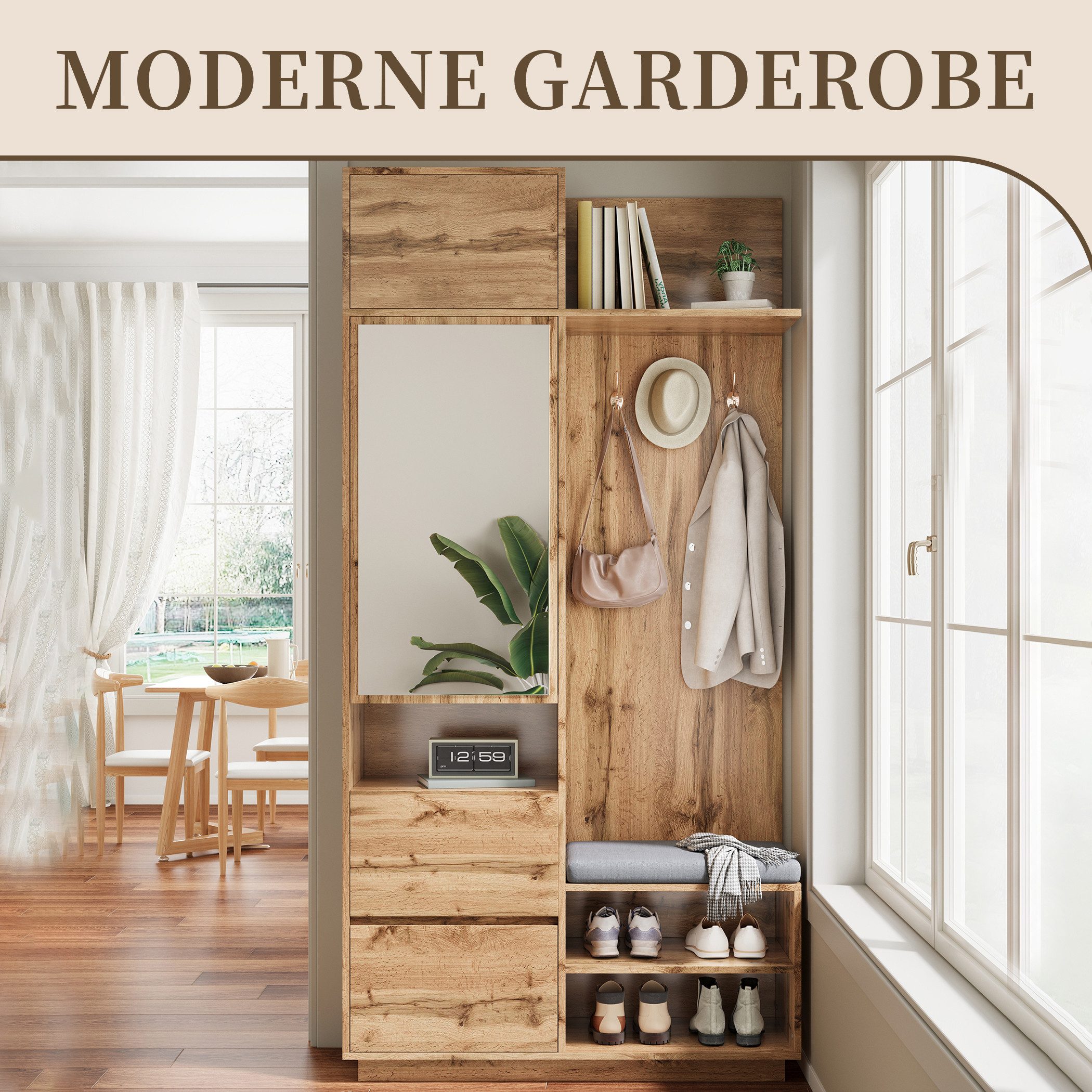 SeedWave Garderobe Garderobenschrank mit Sitzbank, Doppelhaken, Spiegel, Viel Stauraum, Standgarderobe mit geschlossenen & offenen Staufächern