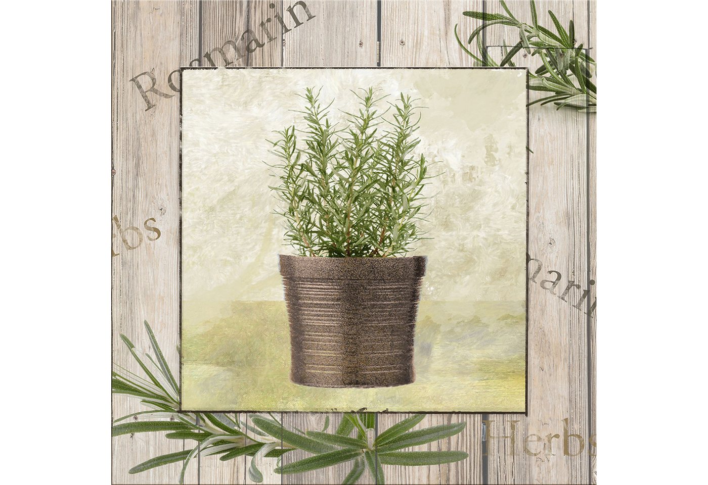artissimo Deco-Panel Bild 30x30 cm Küche/ Wandbild klein leicht / Landhaus Vintage Kräuter, Küchenbild: Rosmarin im Topf in grün