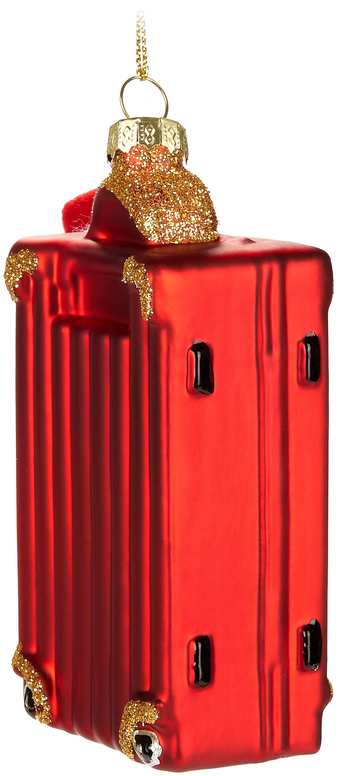 BRUBAKER Weihnachtsbaumkugel Koffer vom Weihnachtsmann - Handbemalte Weihnachtskugel aus Glas (1 St), - 12 cm Baumkugel Weihnachtskoffer Rot mit Weihnachtsmütze