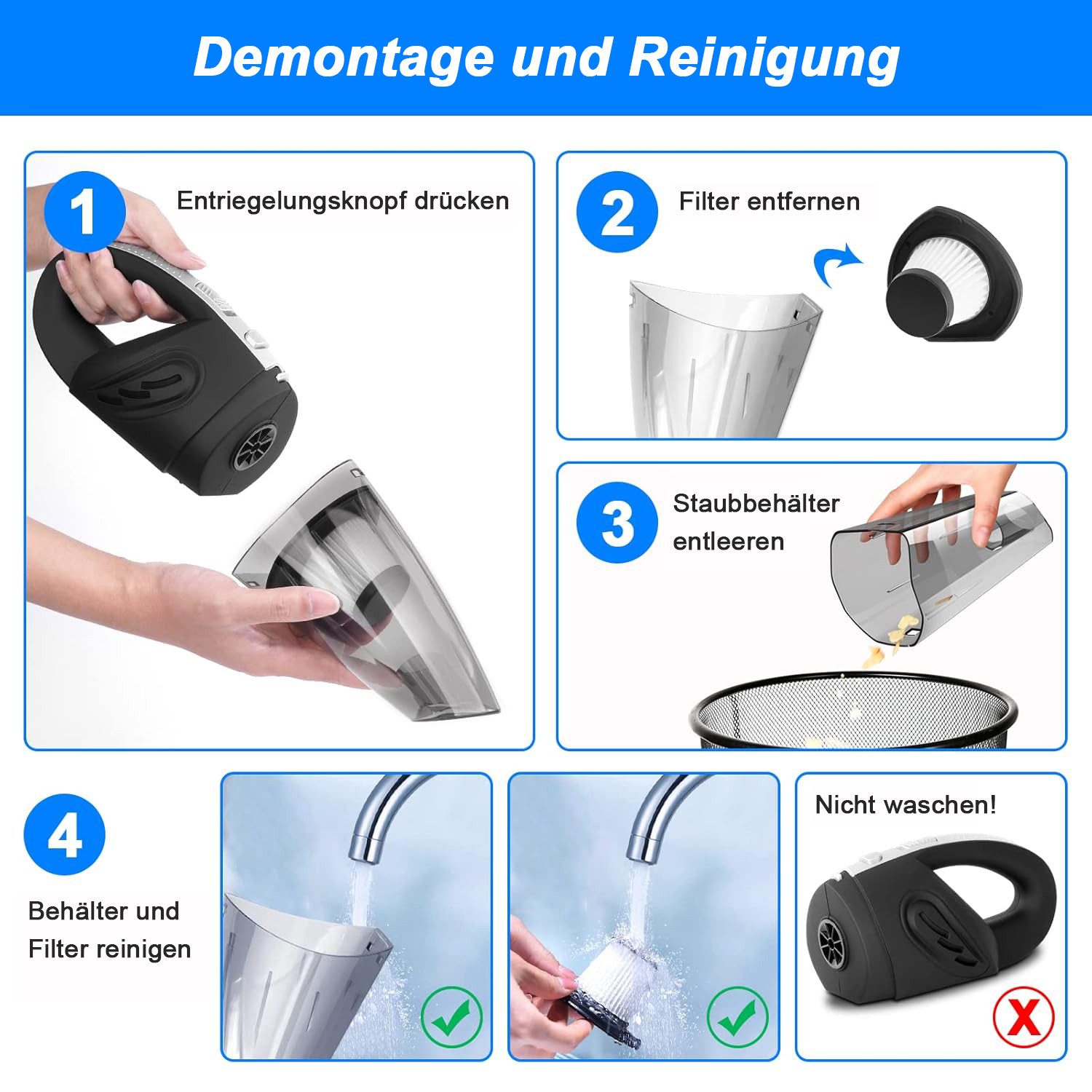 AIMAX Akku-Handstaubsauger Kabellos Handstaubsauger, 120W Handstaubsauger Akku Testsieger, 120 W, HEPA-Filter, mit Flacher Fugendüse, Verlängerungsschlauch, Auto staubsauger stark mit Waschbarer Filter für Haus, Autoreinigung
