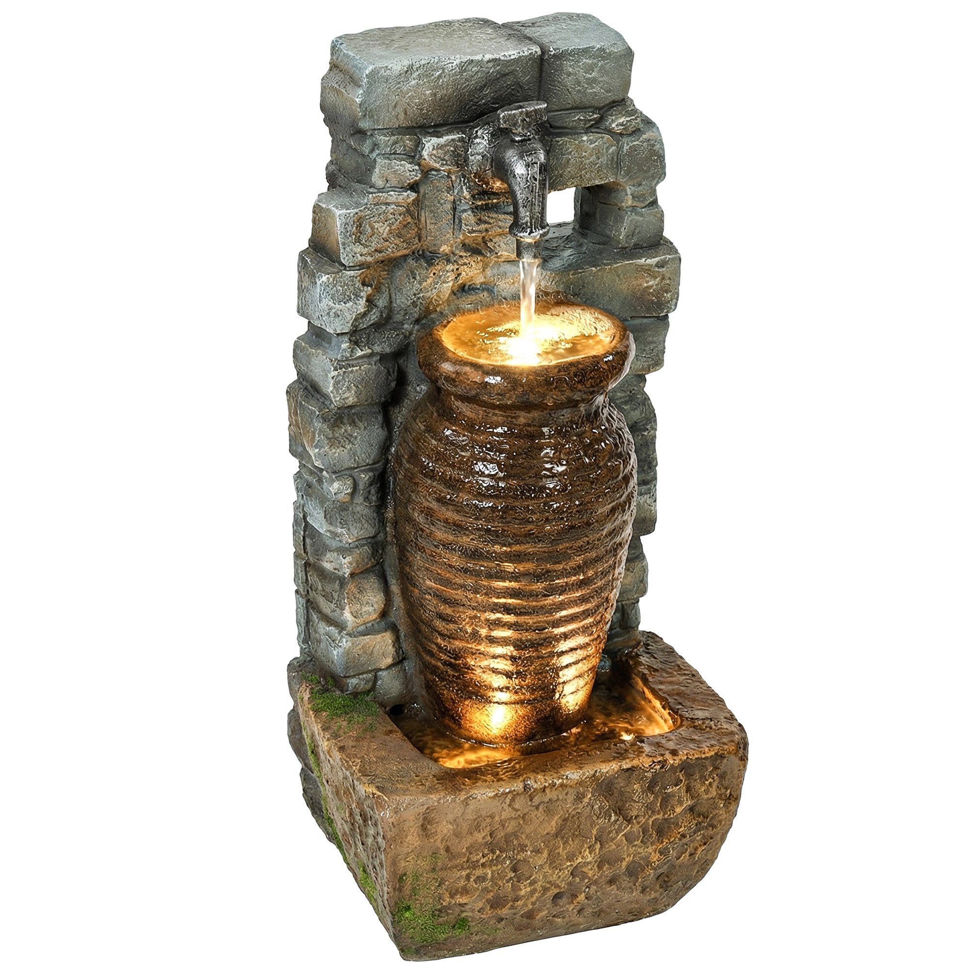 Outsunny Gartenbrunnen mit LED Beleuchtung, verstellbare Pumpe, Steinwand, Krugdesign, 26 cm Breite, Wasserbecken BxT: 20.5x20.5 cm, (Springbrunnen, 1 tlg., Zimmerbrunnen), für Garten Rasen 26 x 20,5 x 57 cm