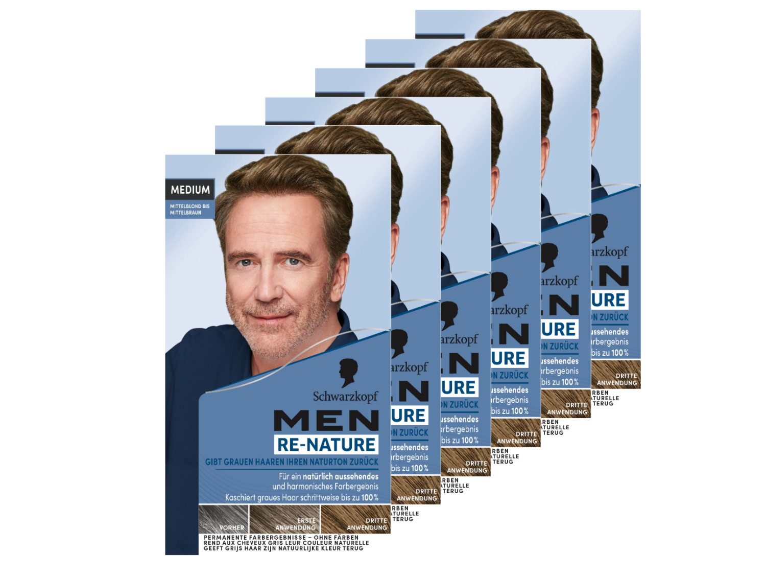 Schwarzkopf Haarfarbe MEN RE-NATURE Naturton Medium Mittelblond bis Mittelbraun 6 x 145ml, Vorrats-Set, 6-tlg., Stellt ohne Haare färben die Naturhaarfarbe wieder her
