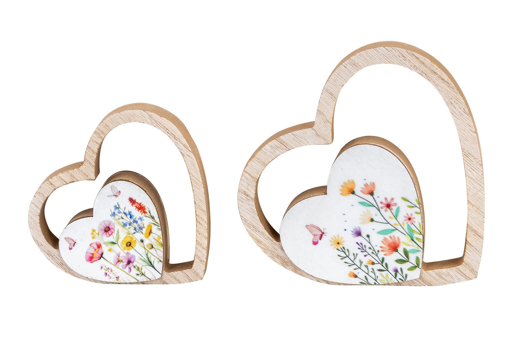 Levandeo® Dekoobjekt 2er Set Herz Aufsteller Blume MDF Holz Natur Blumenmuster Frühling Tis