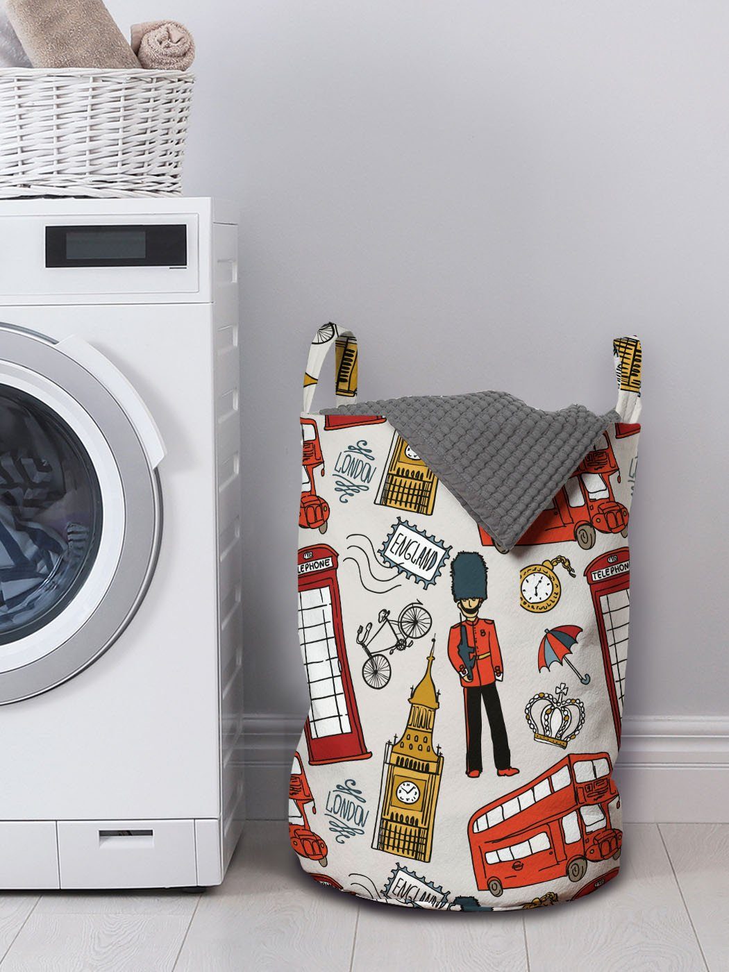 Abakuhaus Wäschesäckchen Wäschekorb Doodle Englisch Griffen Kordelzugverschluss London Waschsalons, mit für