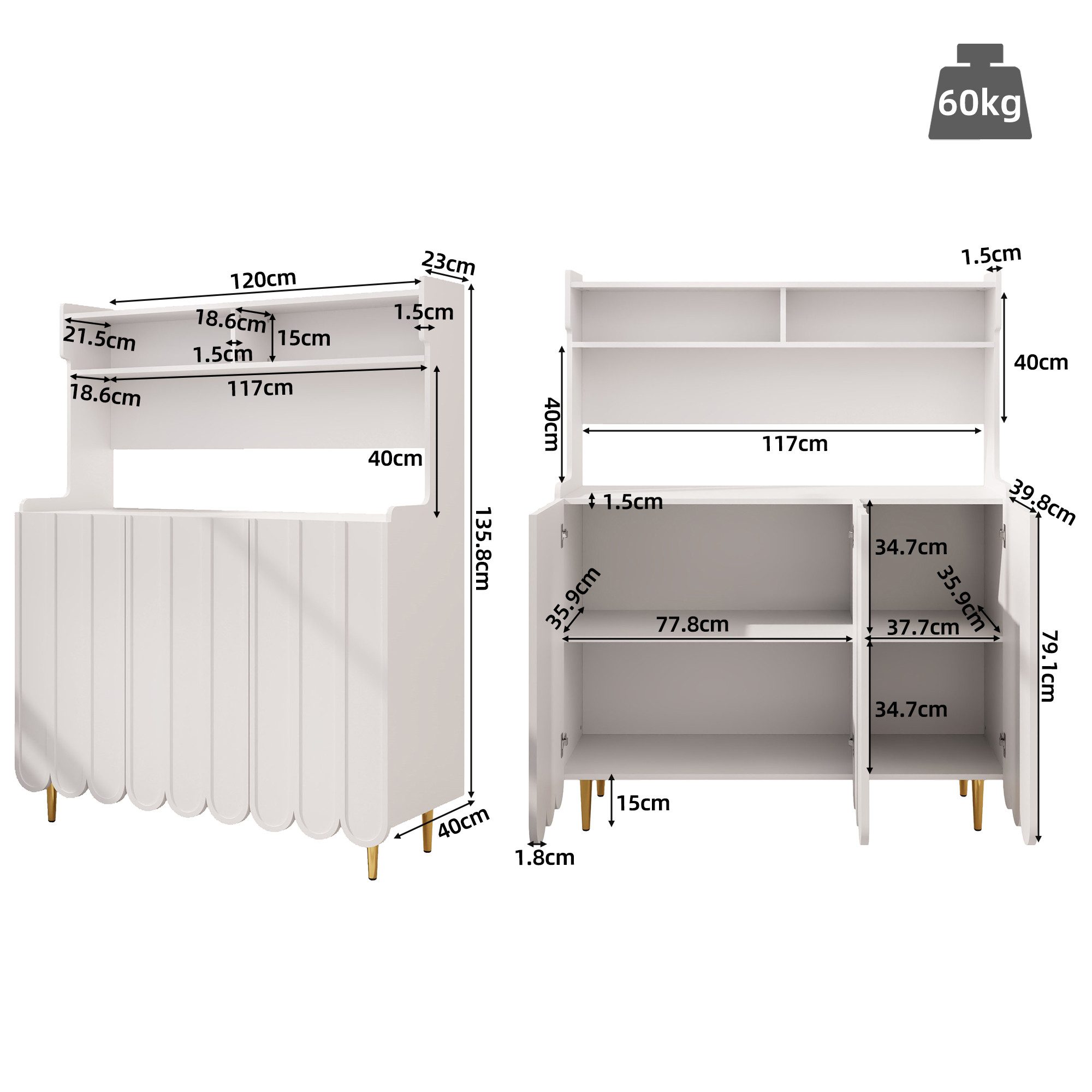 TavilaEcon Küchenbuffet Offenes Regal, 120 x günstig online kaufen