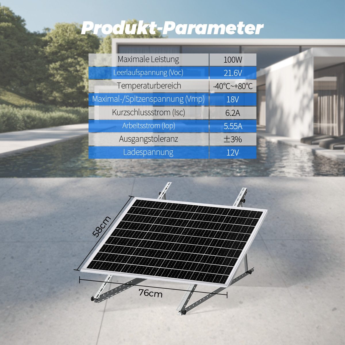 Rhein Beleuchtung Solarmodul 100W-300W Monokristallines Solarpanel & Solarmodul 12V, 100 W, Monokristallin, (Hinweis: Die Modulabmessungen variieren mit der Wattzahl, 1-St., Vielseitig für Wohnmobil, Gartenhaus & Haushalt, Solar Set), IP65 Wasserdicht - Effizientes PV-Modul ideal für Balkonkraftwerk
