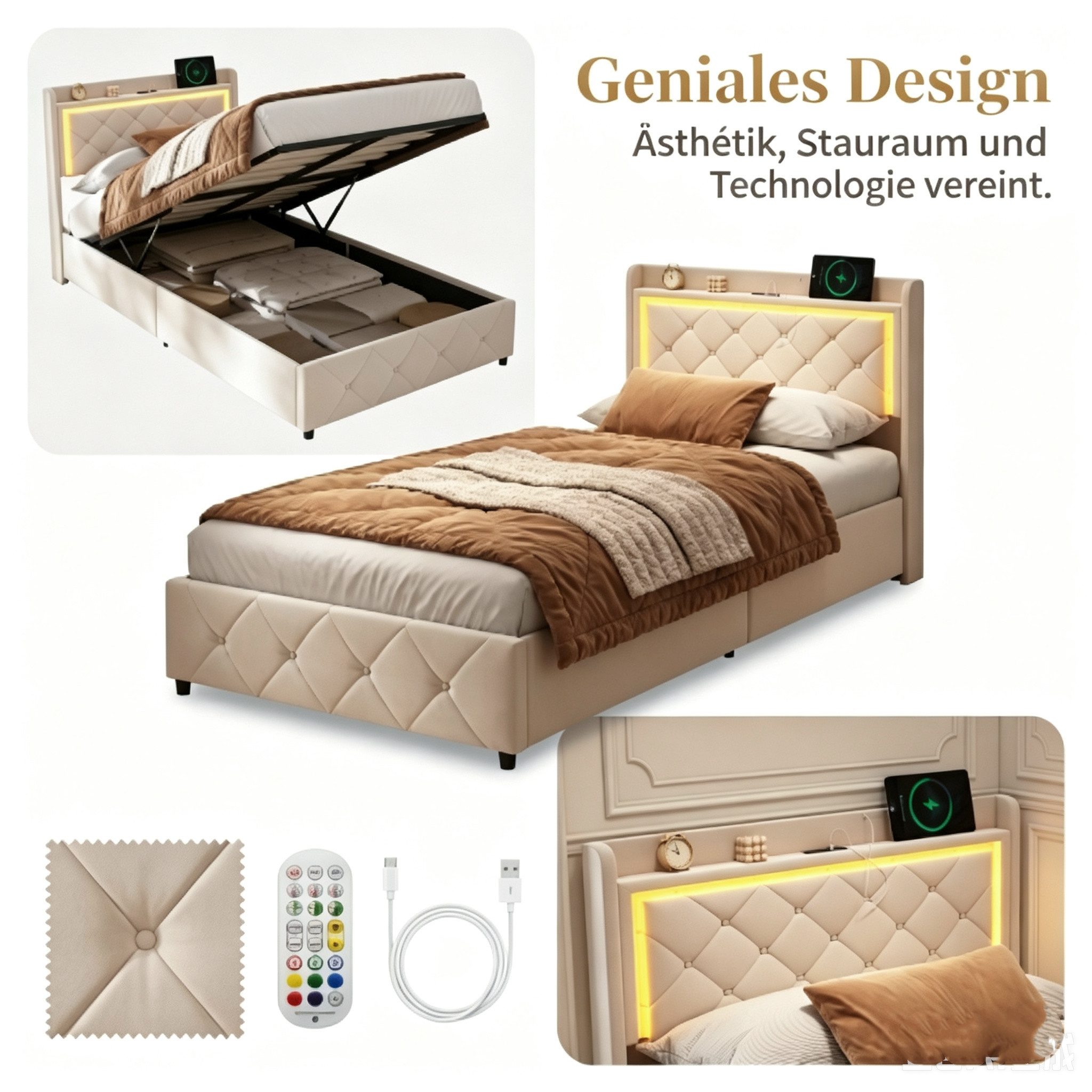 Simurq Polsterbett 90x200 mit Bettkasten, Einzelbett, Jugendbett, Bettgestell (1 tlg, ohne Matratze, Mit Lattenrost) – Bild 5 von 5