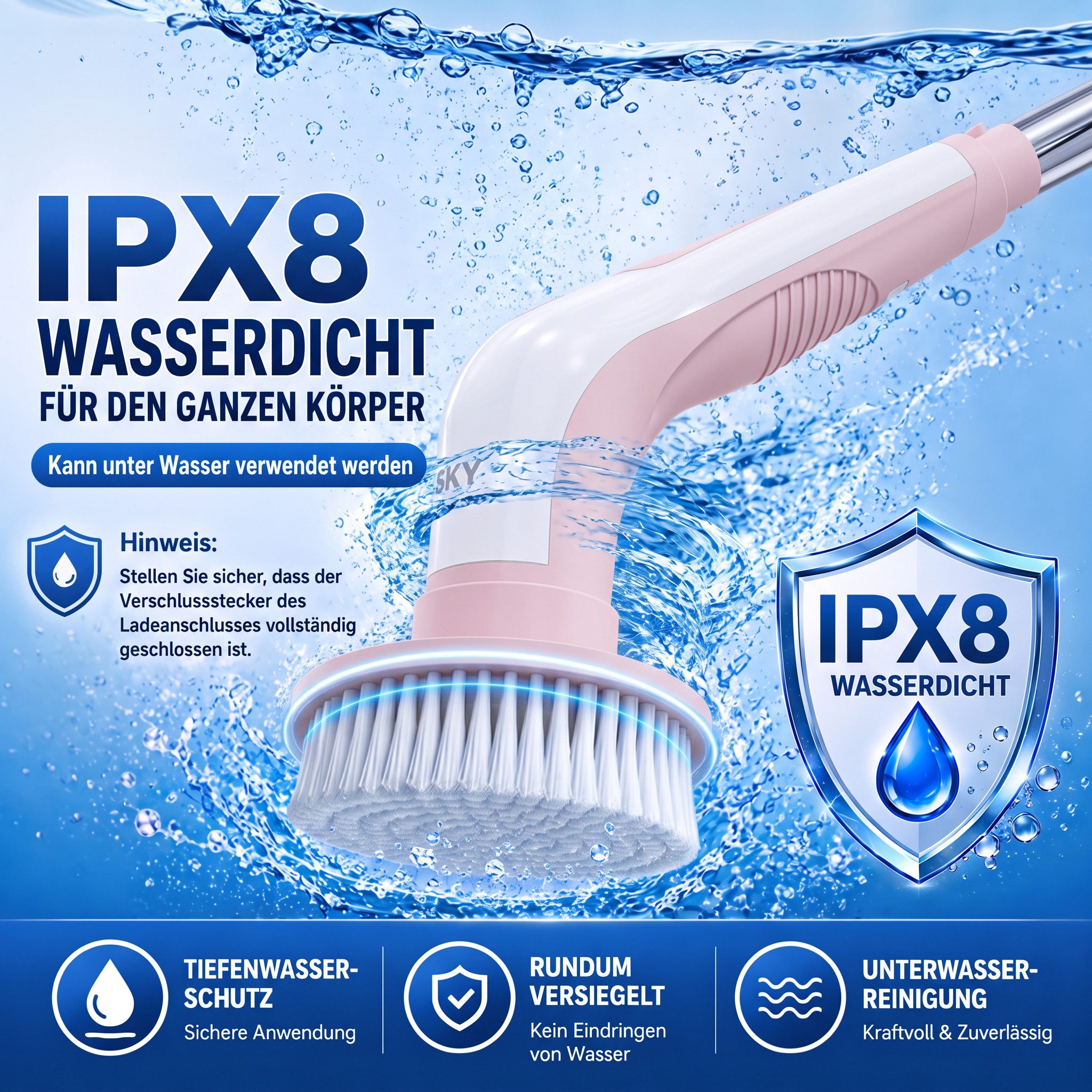 PRASKY Elektro-Oberflächenbürste Elektrische Rosa IPX8, LED-Display, 9 Bürstenköpfen & Teleskopstiel, Mehrere abnehmbare Teile badebürste elektrisch, Teppichrei – Bild 2 von 5