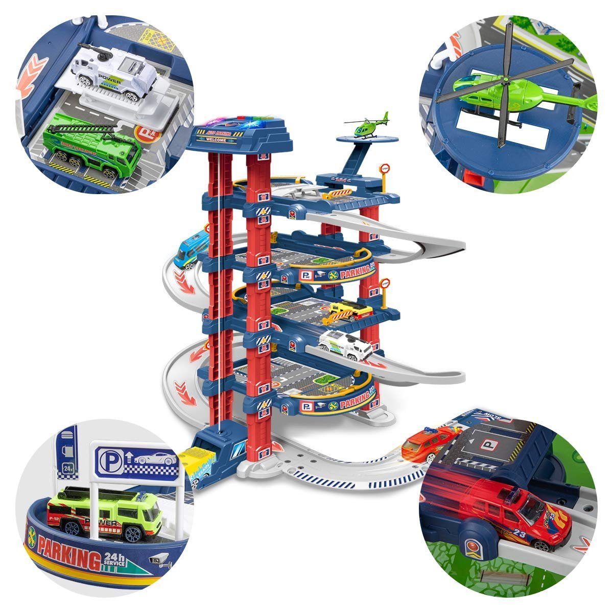 Esun Spiel-Parkgarage Spiel-Parkgarage Parkhaus für Kinder, Parkgarage mit Licht und Sound (SET, Komplettset), Spielzeug ab 3 4 5 6 Jahre Junge Mädchen
